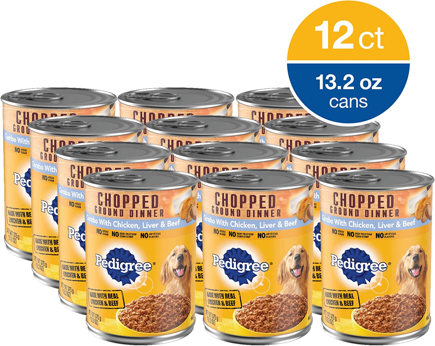 PEDIGREE CHOPPED GROUND DINNER Adult Canned Soft Wet Dog Food Combo with Chicken, Liver & Beef, 13.2 Oz. Cans (Pack of 12)