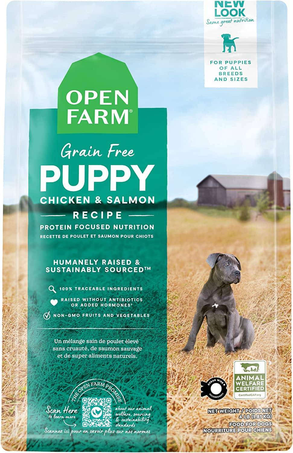 A bag of Open Farm puppy chicken and rice grain-free dog food, suitable for young dogs with sensitive stomachs.