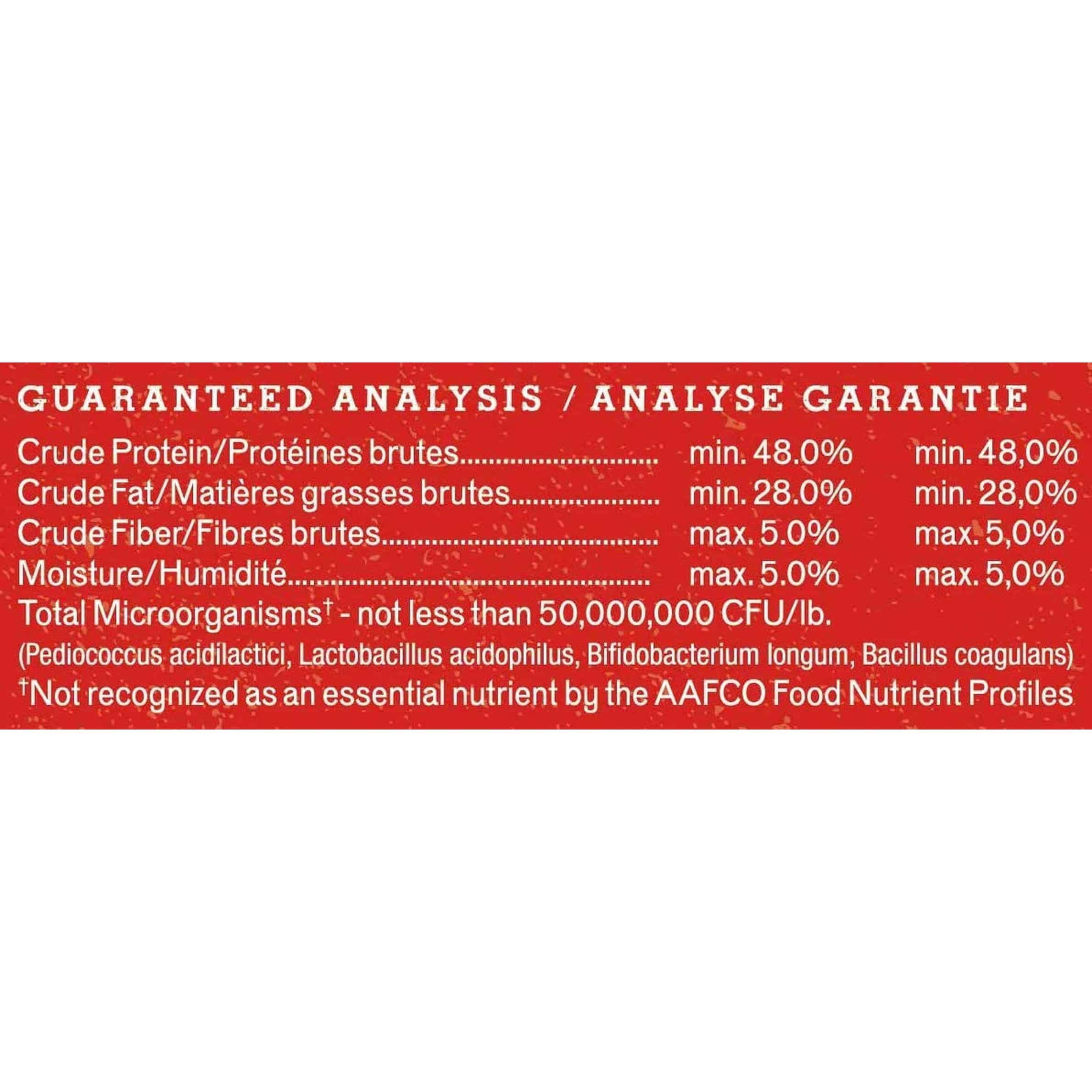 Guaranteed analysis of pet food label showing minimum 48% crude protein, minimum 28% crude fat, maximum 5% crude fiber, maximum 5% moisture, and total microorganisms not less than 50,000,000 CFU per lb with a footnote stating it is not recognized as an essential nutrient by the AAFCO Food Nutrient Profiles.