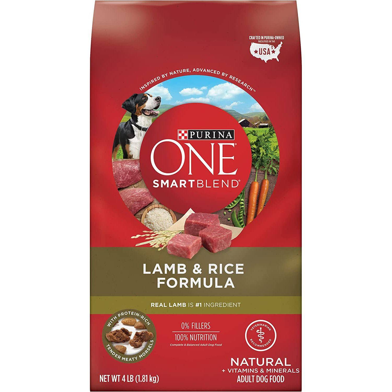 Purina One Smartblend Lamb & Rice Formula adult dog food bag with a picture of a dog and raw lamb and rice ingredients on the front. Text on the bag says real lamb is the #1 ingredient, 0% fillers, 100% nutrition, natural vitamins & minerals. Net weight 4 lb (1.81 kg).