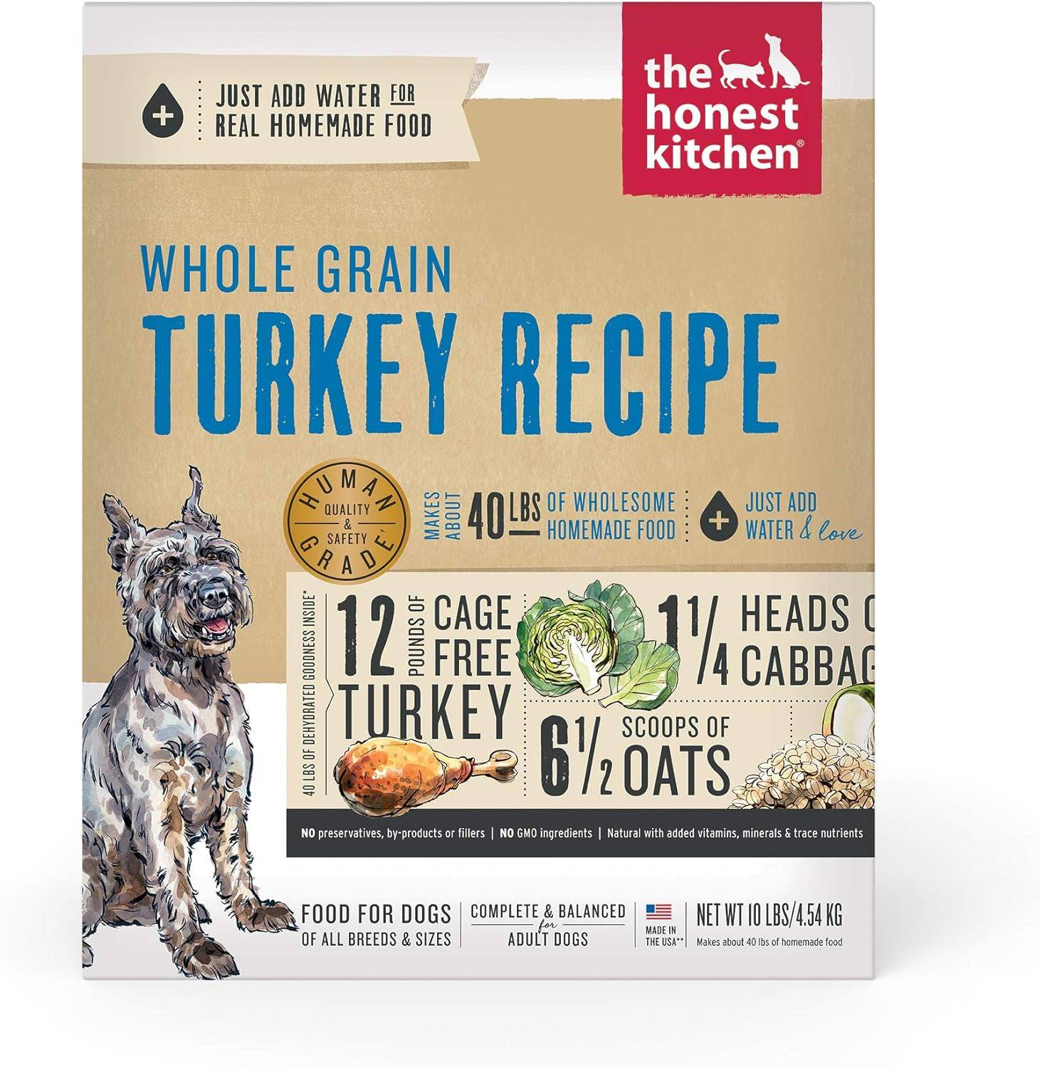 The Honest Kitchen Dog Food whole grain turkey recipe front packaging,10 lbs.