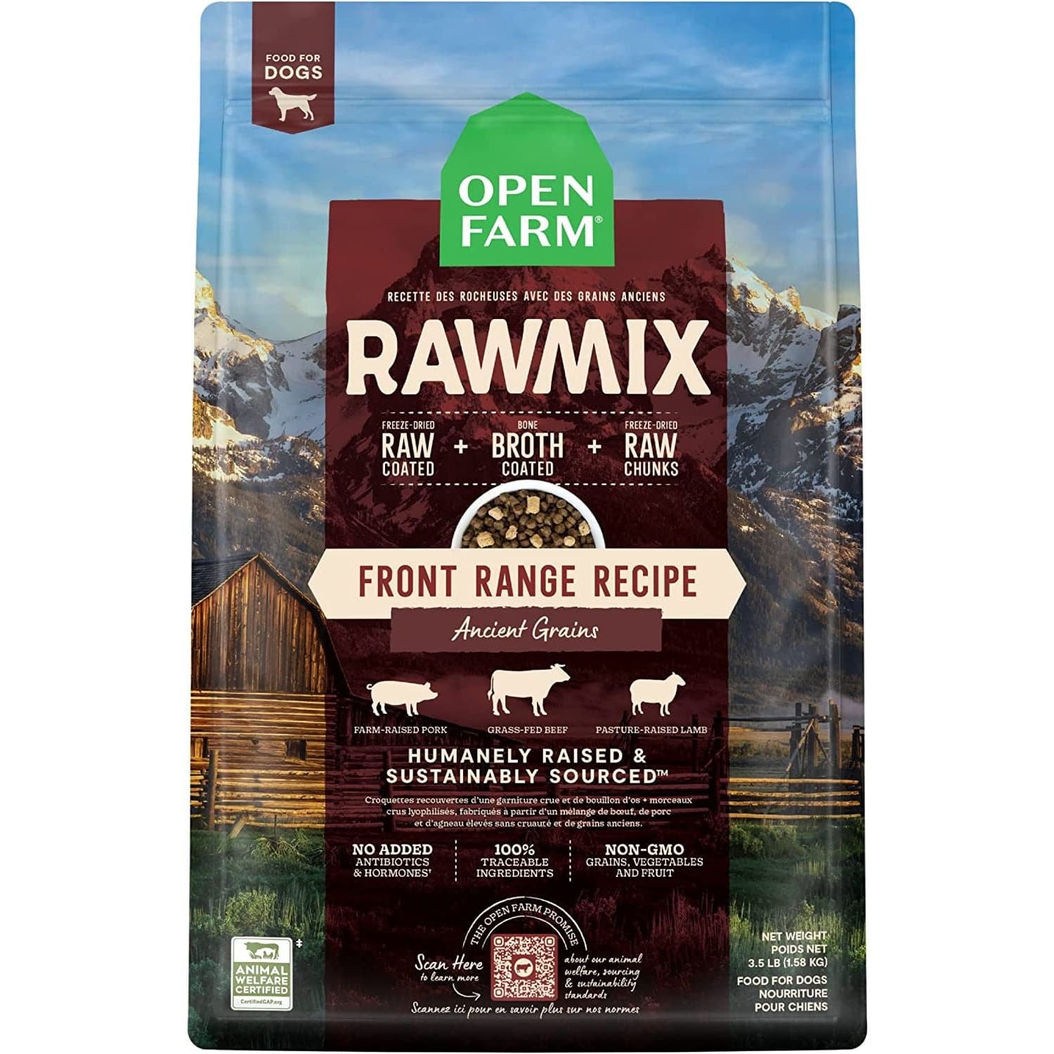 Package of Open Farm RawMix dog food with "Front Range Recipe – Ancient Grains" label, featuring images of mountains, a barn, and icons of pigs, beef, and lamb. The package emphasizes humanely raised and sustainably sourced ingredients without added antibiotics or hormones and non-GMO grains, vegetables, and fruit.