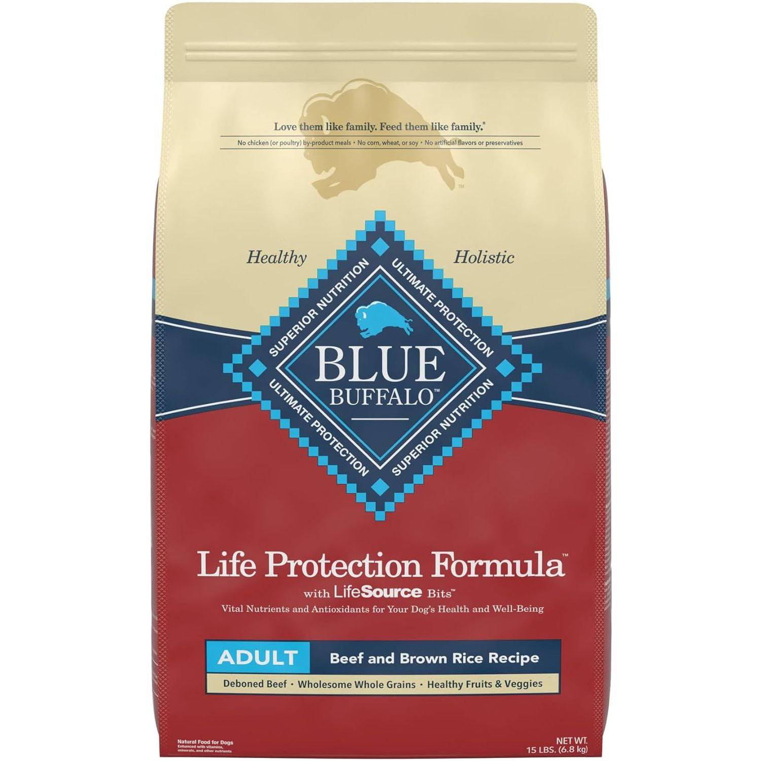 A bag of Blue Buffalo Life Protection Formula Adult Beef and Brown Rice Recipe dog food, with a diamond-shaped blue and red logo in the center, and a beige upper section that reads "Love them like family. Feed them like family."