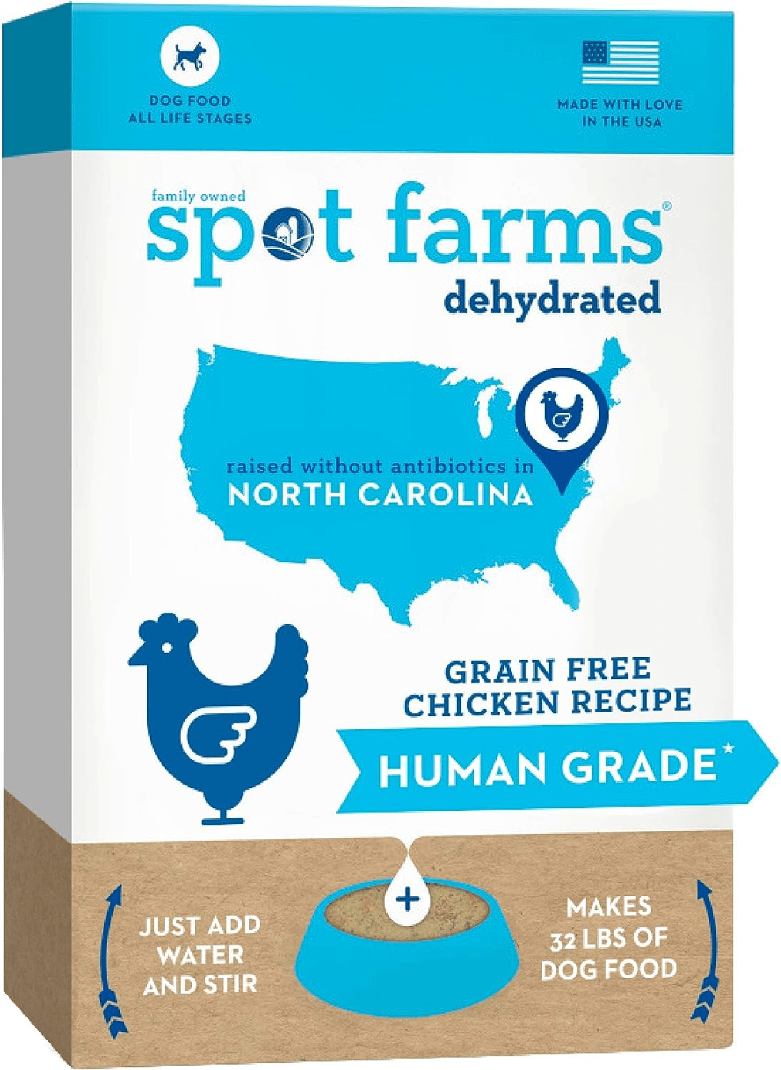 Front packaging showcasing the front packaging of Spot Farms Human Grade Dog Food. The packaging features a vibrant and inviting design, with the Spot Farms logo prominently displayed along with enticing images of fresh, wholesome ingredients. 