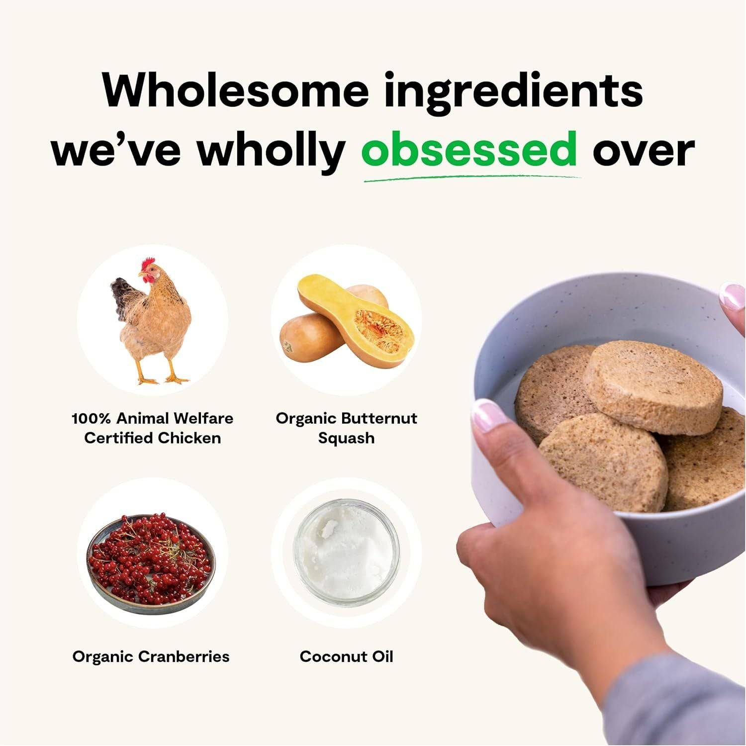 Promotional image featuring a variety of wholesome ingredients with captions: a chicken representing 100% animal welfare certified chicken, a split butternut squash labeled organic, a bowl of organic cranberries, a container of coconut oil, and a hand holding a bowl of round cookies or biscuits. Text at the top reads "Wholesome ingredients we’ve wholly obsessed over".