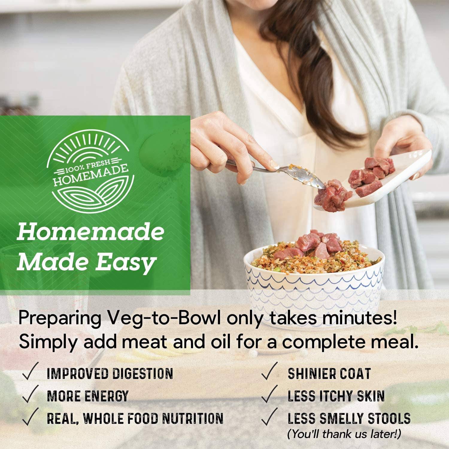 Person adding raw meat to a bowl of Dr. Harvey's Veg-to-Bowl mix. Green banner reads "Homemade Made Easy." Text below describes benefits such as improved digestion, more energy, and shinier coat.