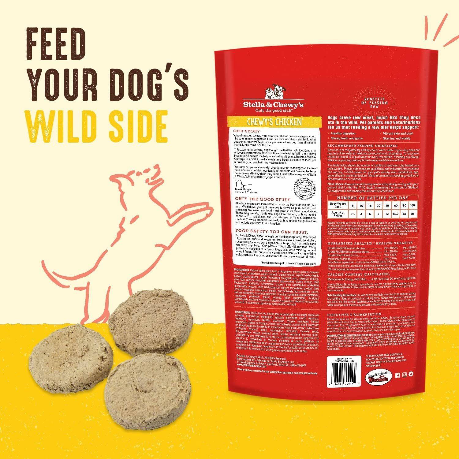 An advertisement for Stella & Chewy's Chewy's Chicken dog food with the text "Feed Your Dog's Wild Side" in yellow. There is an illustrated dog silhouette leaping excitedly next to the product packaging, which is red with white text. Three round, brown freeze-dried patties are on the bottom left.