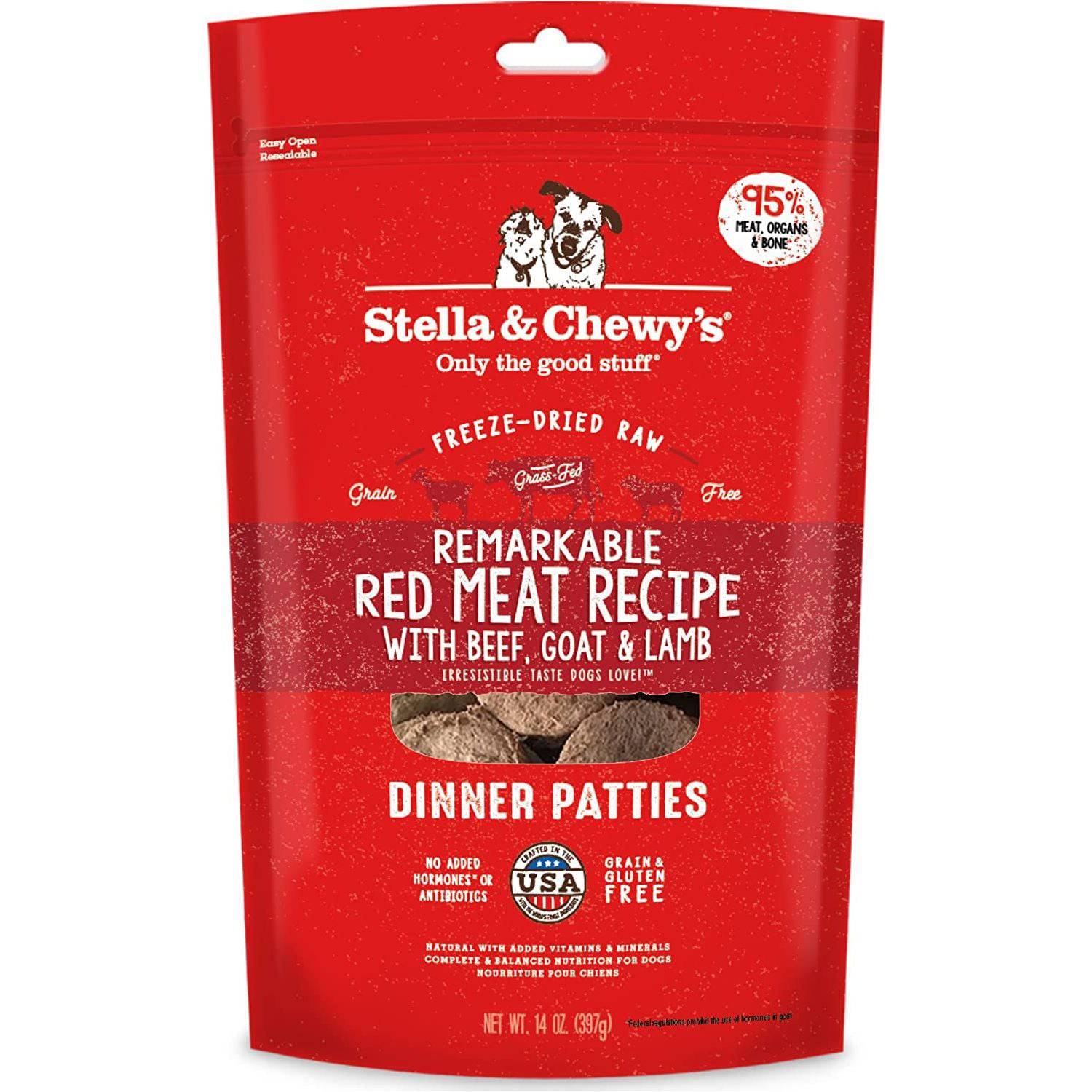 Red package of Stella & Chewy's freeze-dried raw dog food with beef, goat, and lamb dinner patties.