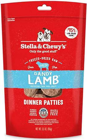 A package of Stella & Chewy's Dandy Lamb Dinner Patties dog food, freeze-dried and grain-free with a red background and blue label.