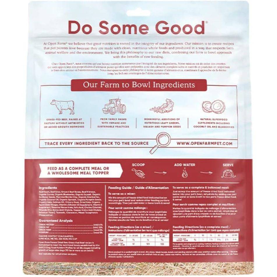 A pet food package titled "Do Some Good" detailing traceable farm to bowl ingredients and feeding instructions. The top portion of the package outlines ingredients sourced from sustainable farming methods, and the bottom section features a feeding guide with nutritional information. A website link, www.openfarmpet.com, is also visible for more information.