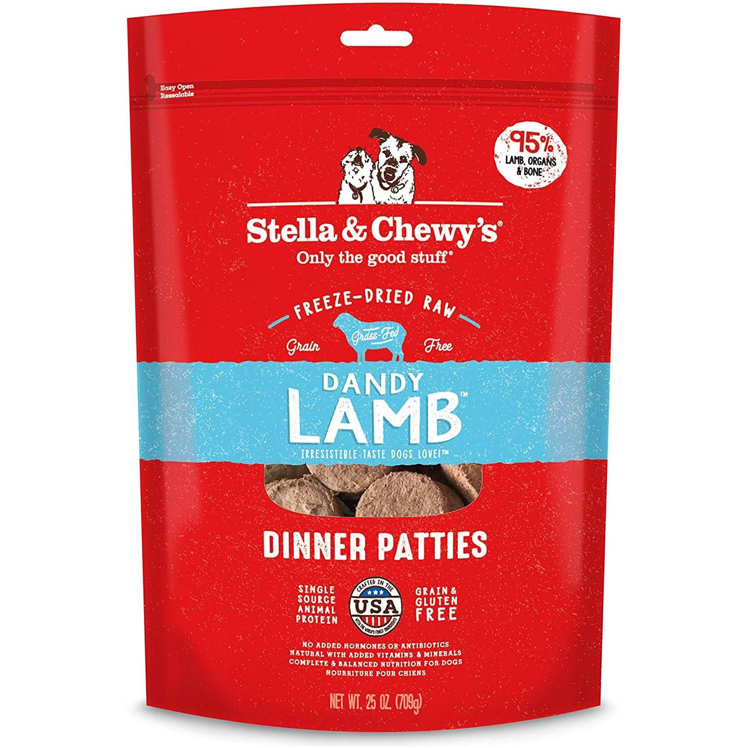 A red package of Stella & Chewy's Dandy Lamb Dinner Patties for dogs with a label indicating it is freeze-dried raw, grain-free, and contains 95% lamb, organs, and bone. The package also states it is made in the USA, single source animal protein, and contains no added hormones or antibiotics.