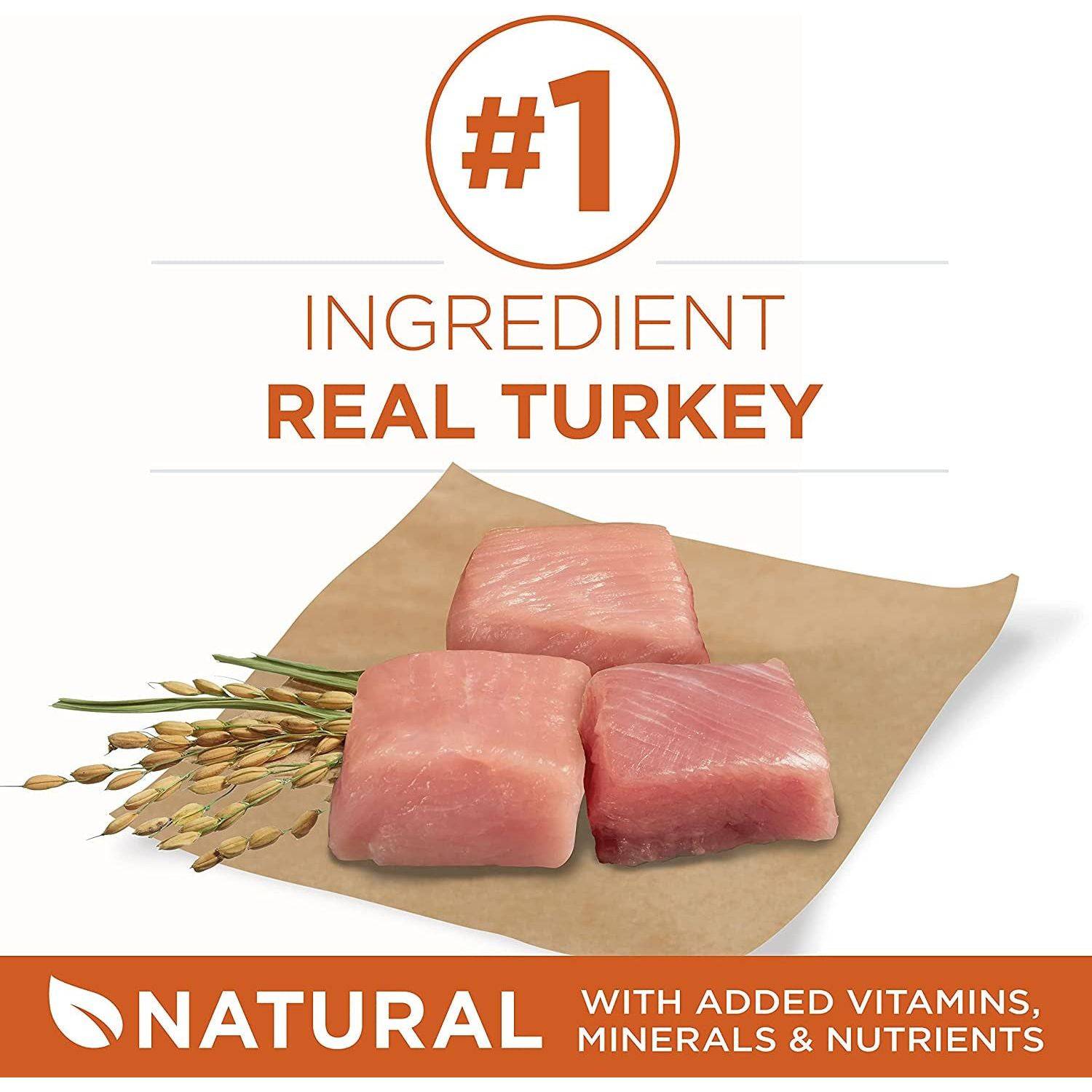 An advertising image with the text "#1 INGREDIENT REAL TURKEY" in orange and black lettering, alongside a photo of three pieces of raw turkey on brown paper, with a few grains of rice spilling out of their stalks. The logo "NATURAL with added vitamins, minerals & nutrients" is in the lower right corner.