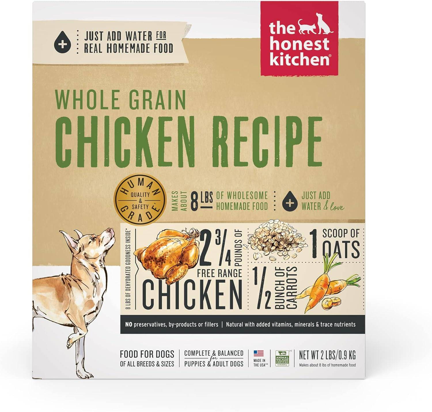 The Honest Kitchen Dog Food whole grain chicken recipe front packaging,2 lbs.