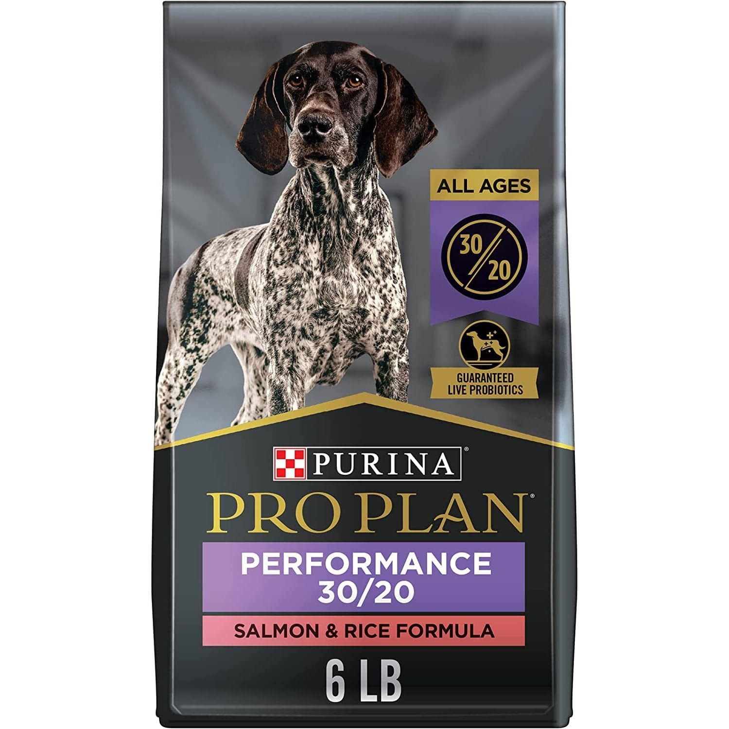 A 6-pound bag of Purina Performance 30/20 Salmon & Rice Formula dog food with a "Guaranteed Live Probiotics" and "All Ages" badge on the front.