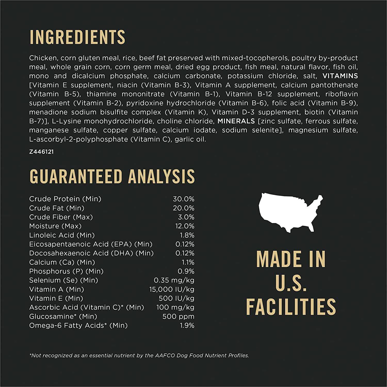 A label of ingredients and guaranteed analysis for a pet food product with a "Made in U.S. Facilities" stamp. Ingredients include chicken, corn gluten meal, fish oil, vitamins, and minerals. The analysis lists percentages of crude protein, fat, fiber, moisture, and other nutrients.