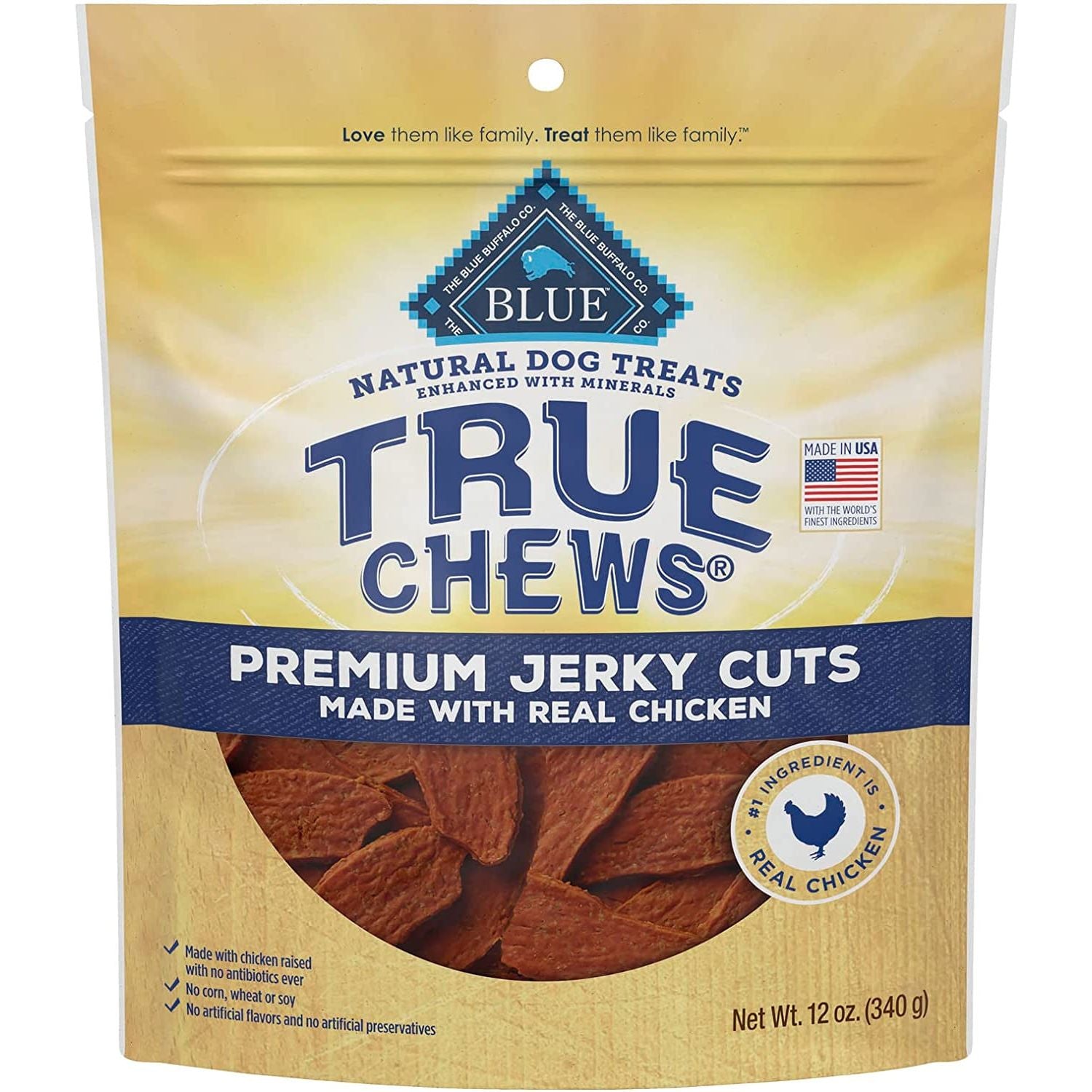 Blue Buffalo True Chews Premium Jerky Cuts Dog Treats, Made in the USA with Natural Ingredients and No Antibiotics Ever, Chicken, 4-Oz. Bag - HappyTails