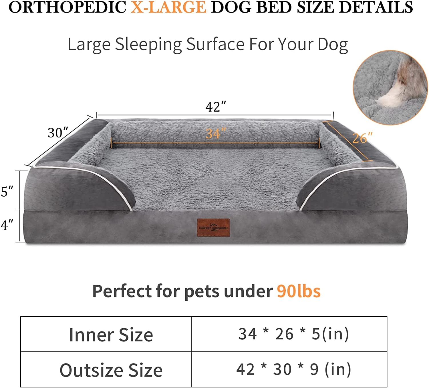 Waterproof Orthopedic Foam Dog Beds for Extra Large Dogs Durable Dog Sofa Pet Bed Washable Removable Cover with Zipper and Bolster