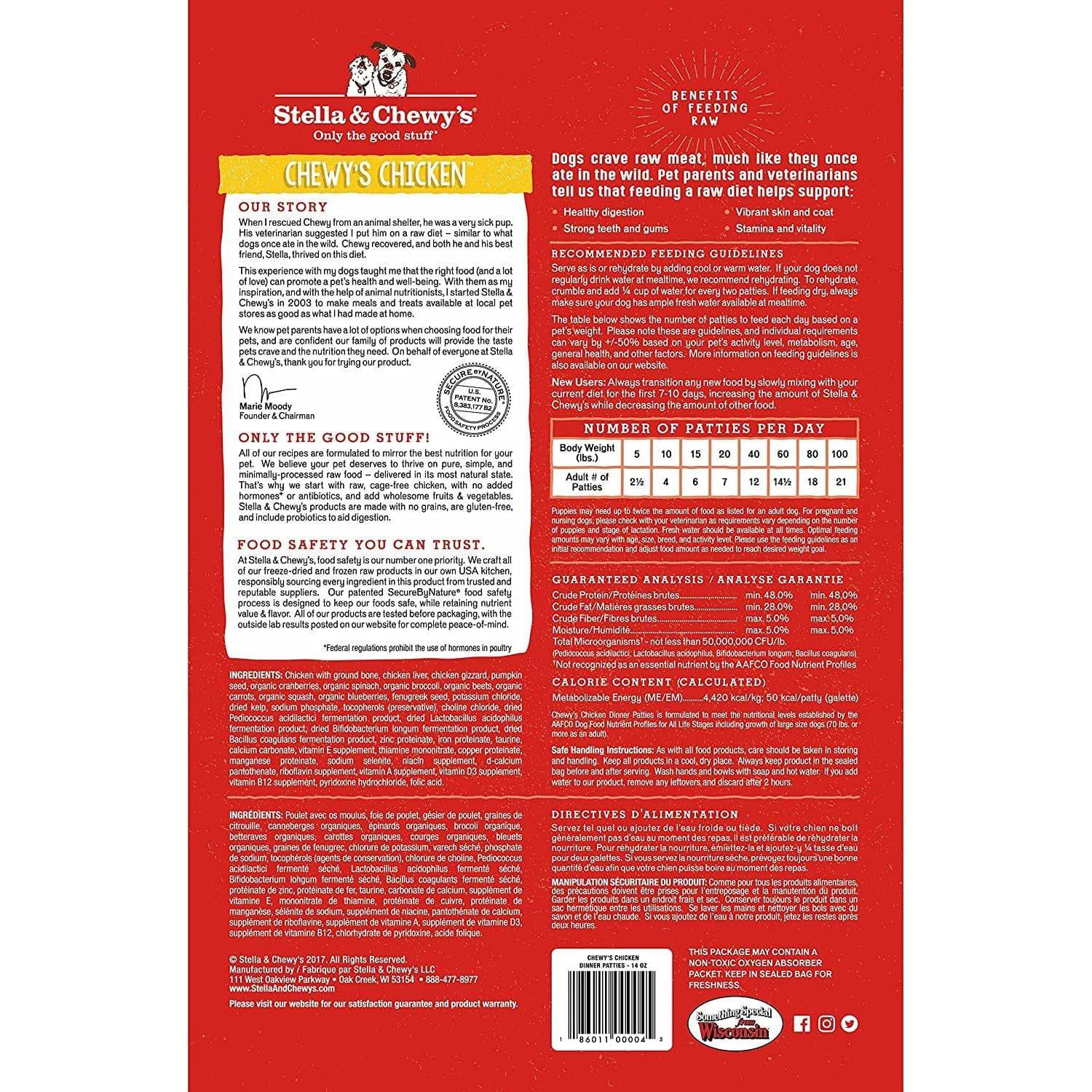 Back of Stella & Chewy's Freeze Dried Patties Chicken dog food packaging showing product information, feeding guidelines, ingredients list, and company story with red and white background.