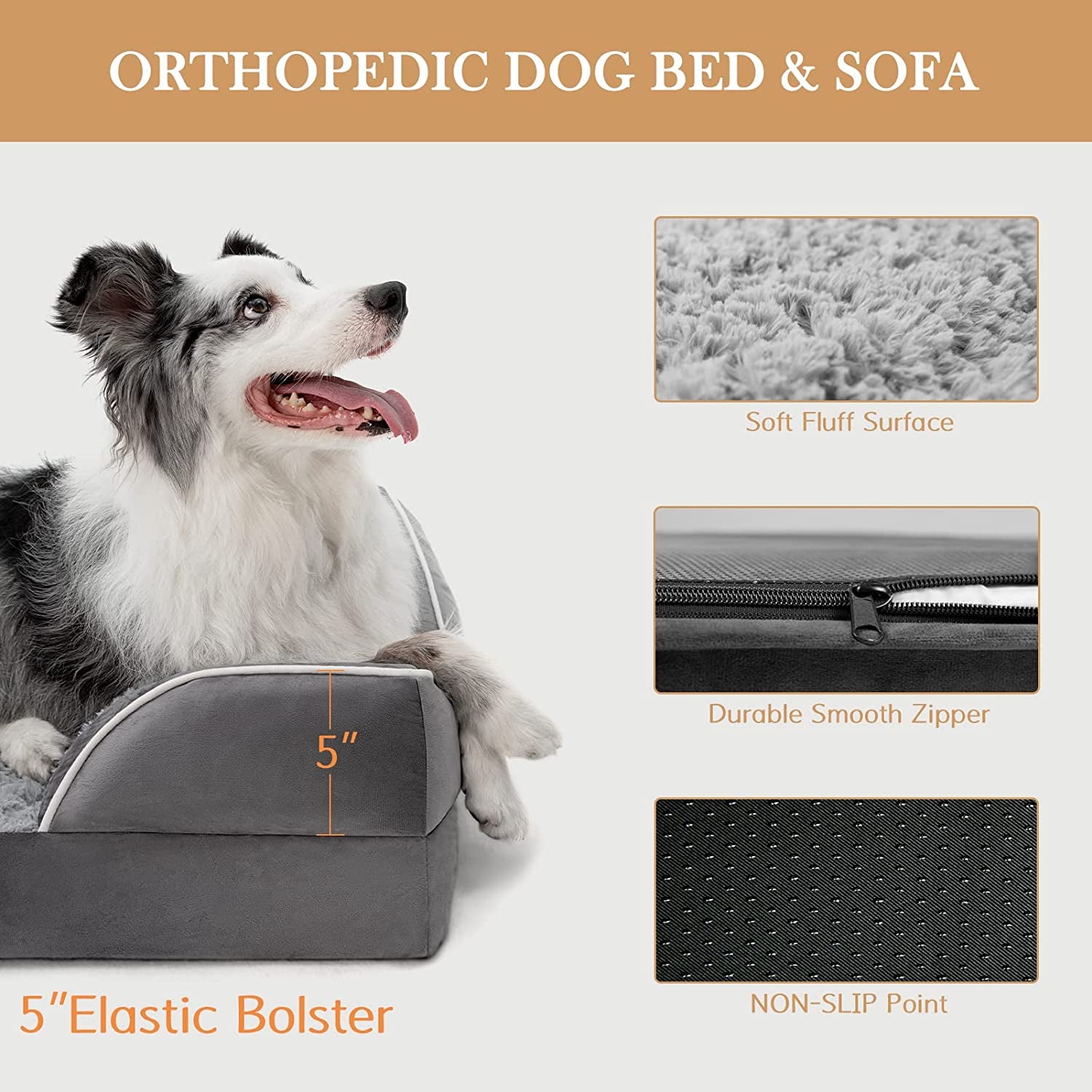 Waterproof Orthopedic Foam Dog Beds for Extra Large Dogs Durable Dog Sofa Pet Bed Washable Removable Cover with Zipper and Bolster