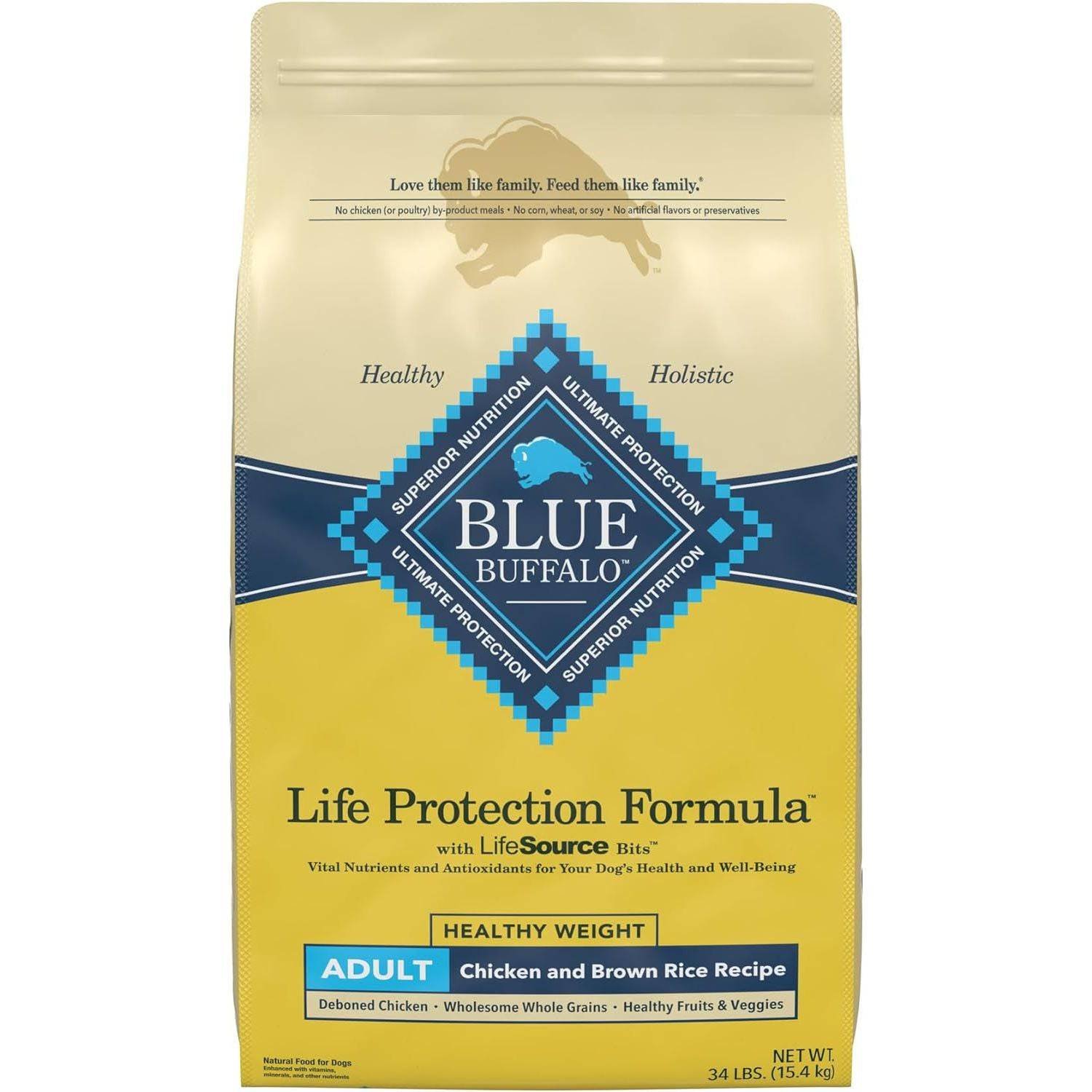 A bag of Blue Buffalo Life Protection Formula Healthy Weight Adult Chicken and Brown Rice Recipe dog food, 34 lbs.