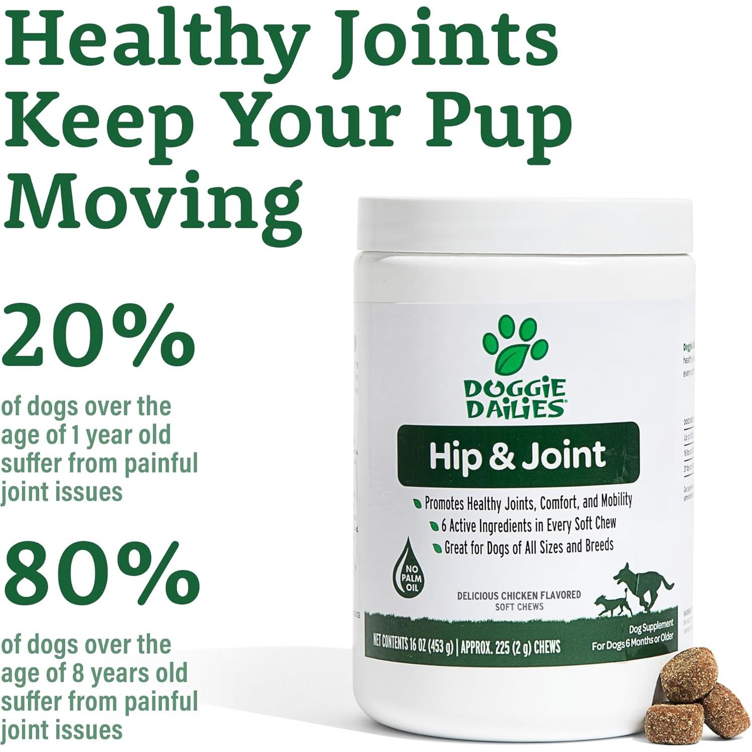 Doggie Dailies Glucosamine for Dogs - 225 Chews - Joint Supplement for Dogs of All Breeds & Sizes - Hip and Joint Supplement for Dogs - Premium Glucosamine and Chondroitin for Dogs (Chicken) - HappyTails