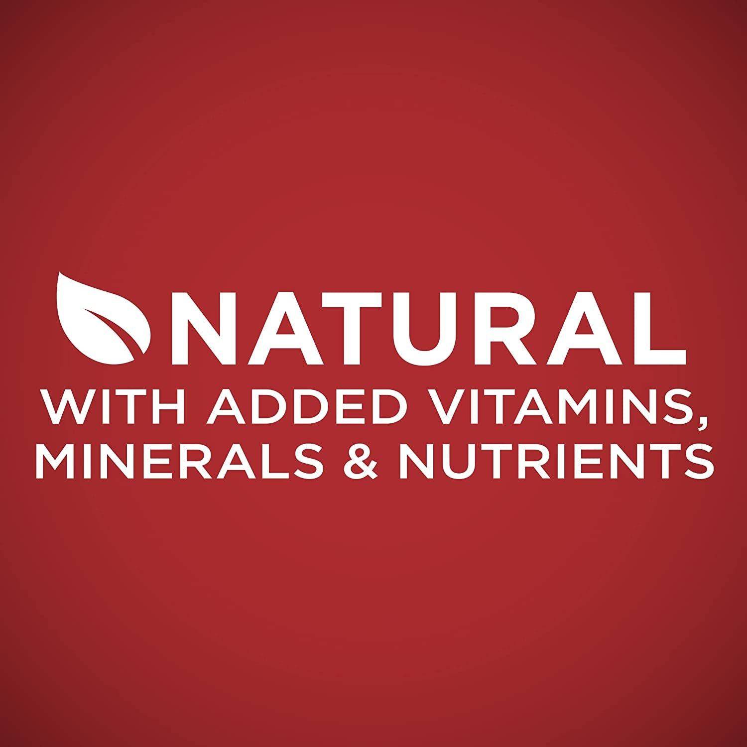 Logo with a leaf symbol and text "NATURAL WITH ADDED VITAMINS, MINERALS & NUTRIENTS" on a red background.