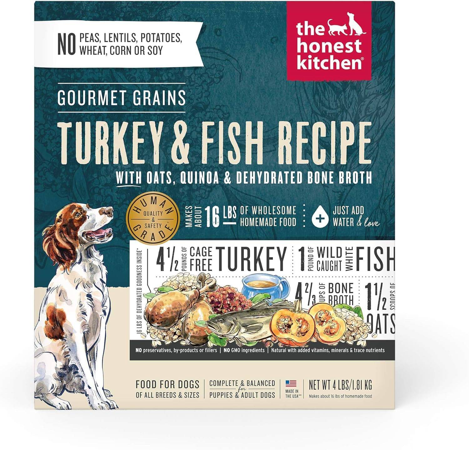 The Honest Kitchen Dog Food gourmet grain turkey and fish recipe front packaging.