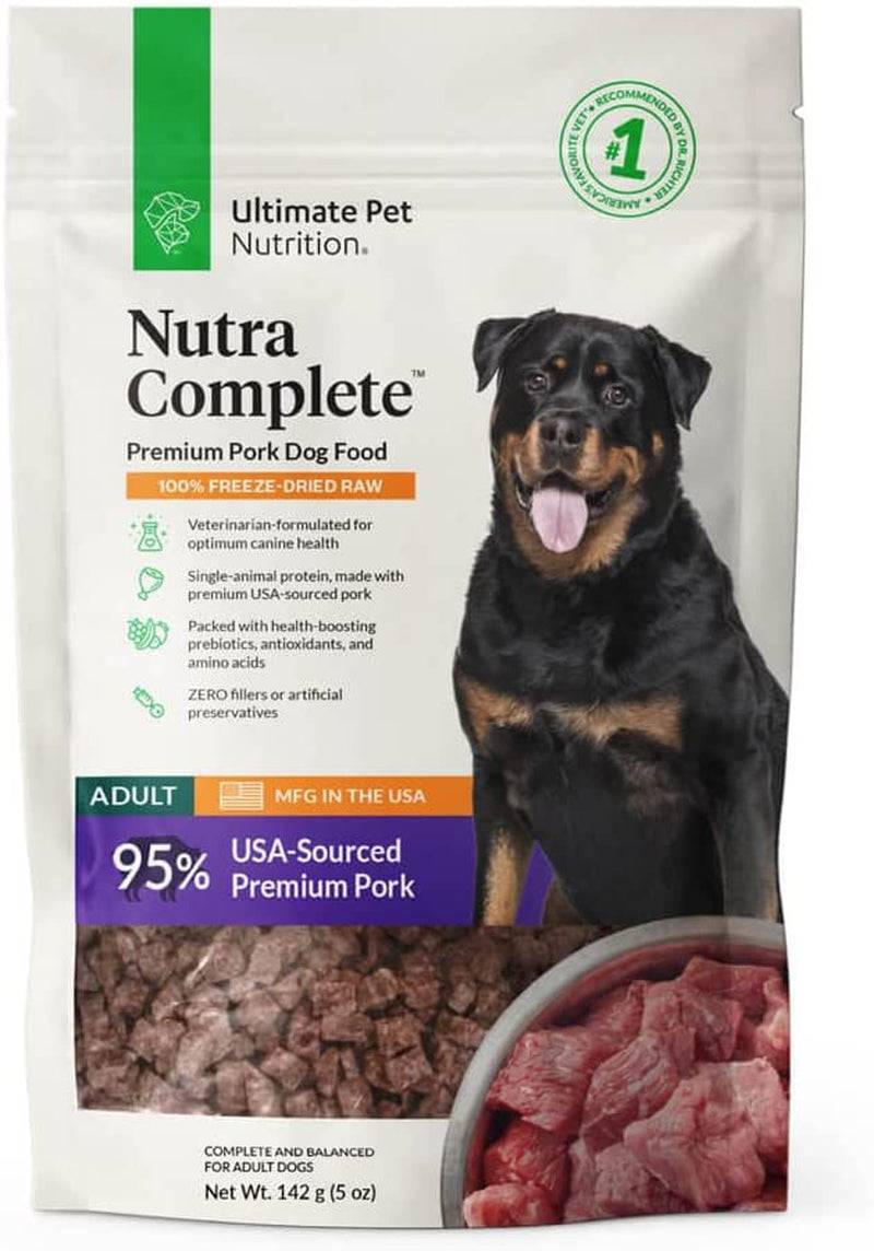 A package of Nutra Complete Premium Pork Dog Food with a picture of a Rottweiler on the front, highlighting that it is 100% freeze-dried raw, veterinarian-formulated, with 95% USA-sourced premium pork, and made in the USA.