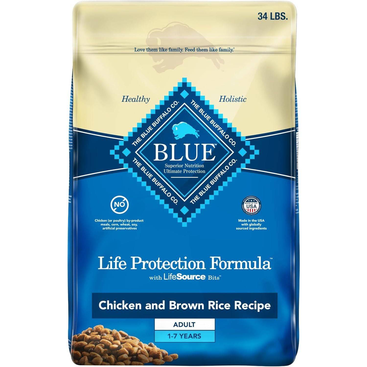 A 34 pound bag of Blue Buffalo Life Protection Formula dry dog food with chicken and brown rice recipe for adult dogs aged 1-7 years. The packaging is blue and beige with the Blue Buffalo logo and claims of superior nutrition and ultimate protection.