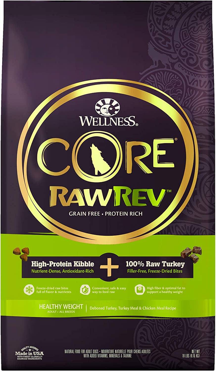 A bag of Wellness Core RawRev High-Protein Kibble + 100% Raw Turkey dog food, grain-free and protein-rich, for a healthy weight, in an 18 lbs size.