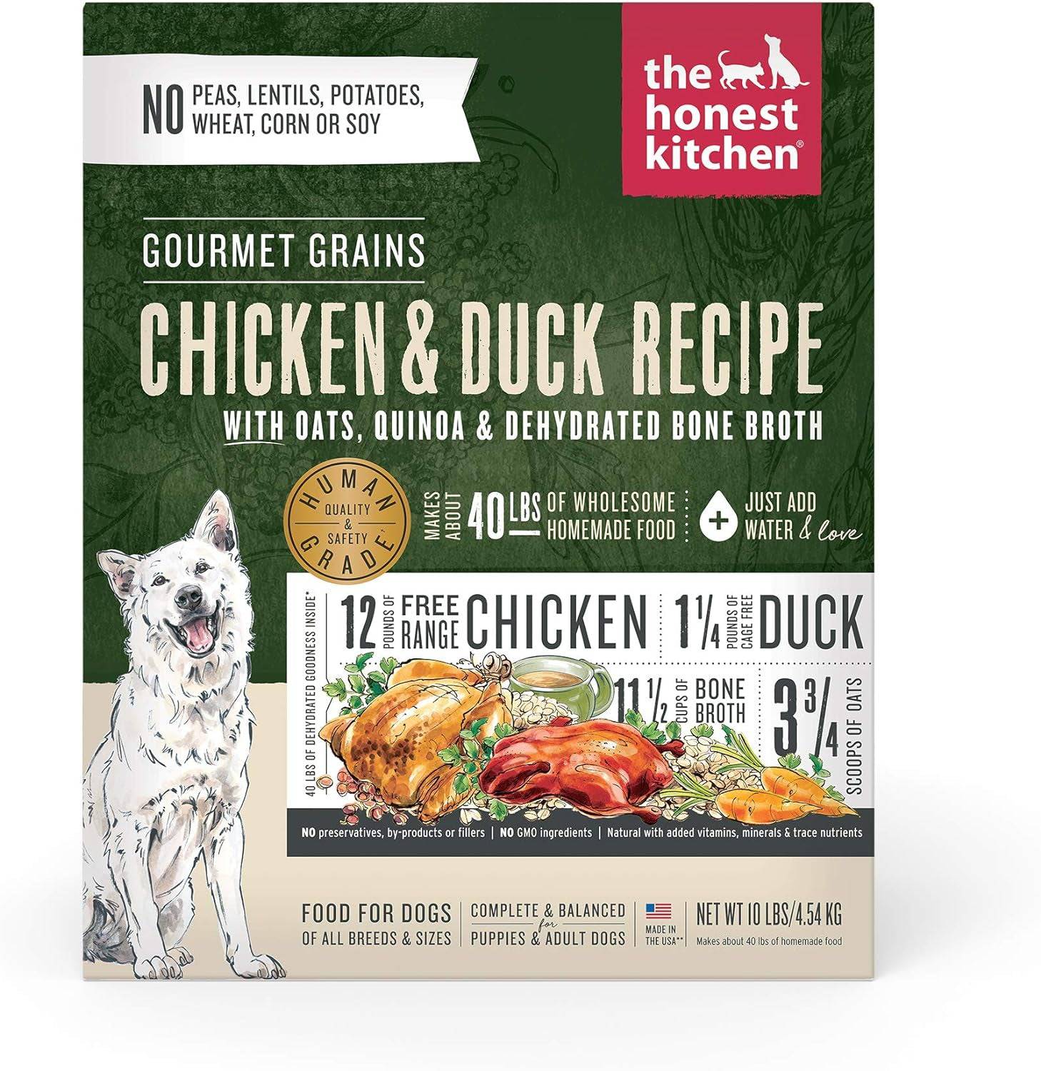 The Honest Kitchen Dog Food gourmet grains chicken and duck  recipe front packaging,10 lbs.