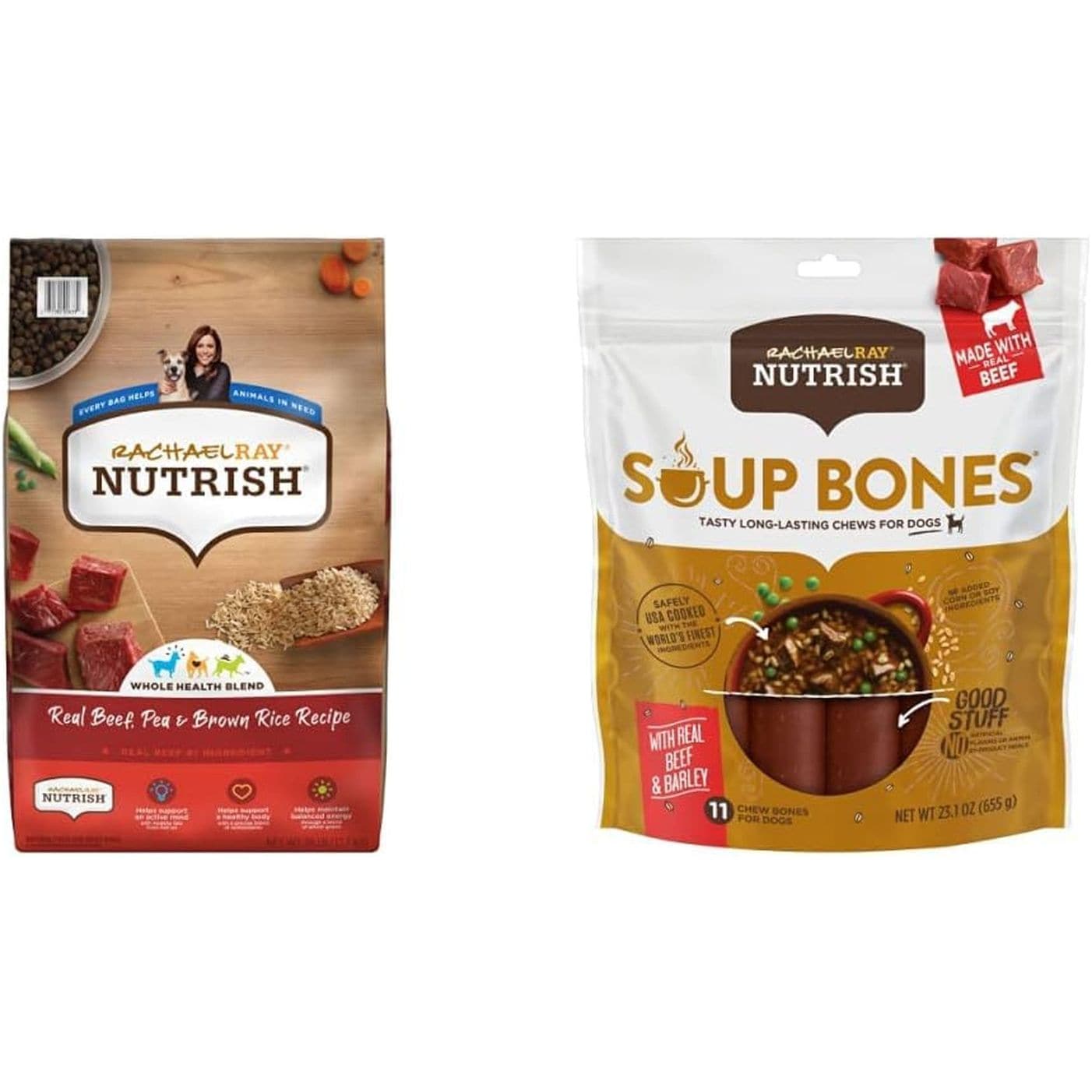 Two packages of Rachael Ray Nutrish dog products side by side. The left package is a bag of dry dog food labeled "Whole Health Blend, Real Beef, Pea & Brown Rice Recipe," featuring images of beef chunks, peas, and brown rice. The right package is a bag of "Soup Bones, Tasty Long-Lasting Chews for Dogs," with 'Made With Beef' highlighted, an illustration of a soup pot filled with bones, and a red banner stating 'With Real Beef & Barley'.