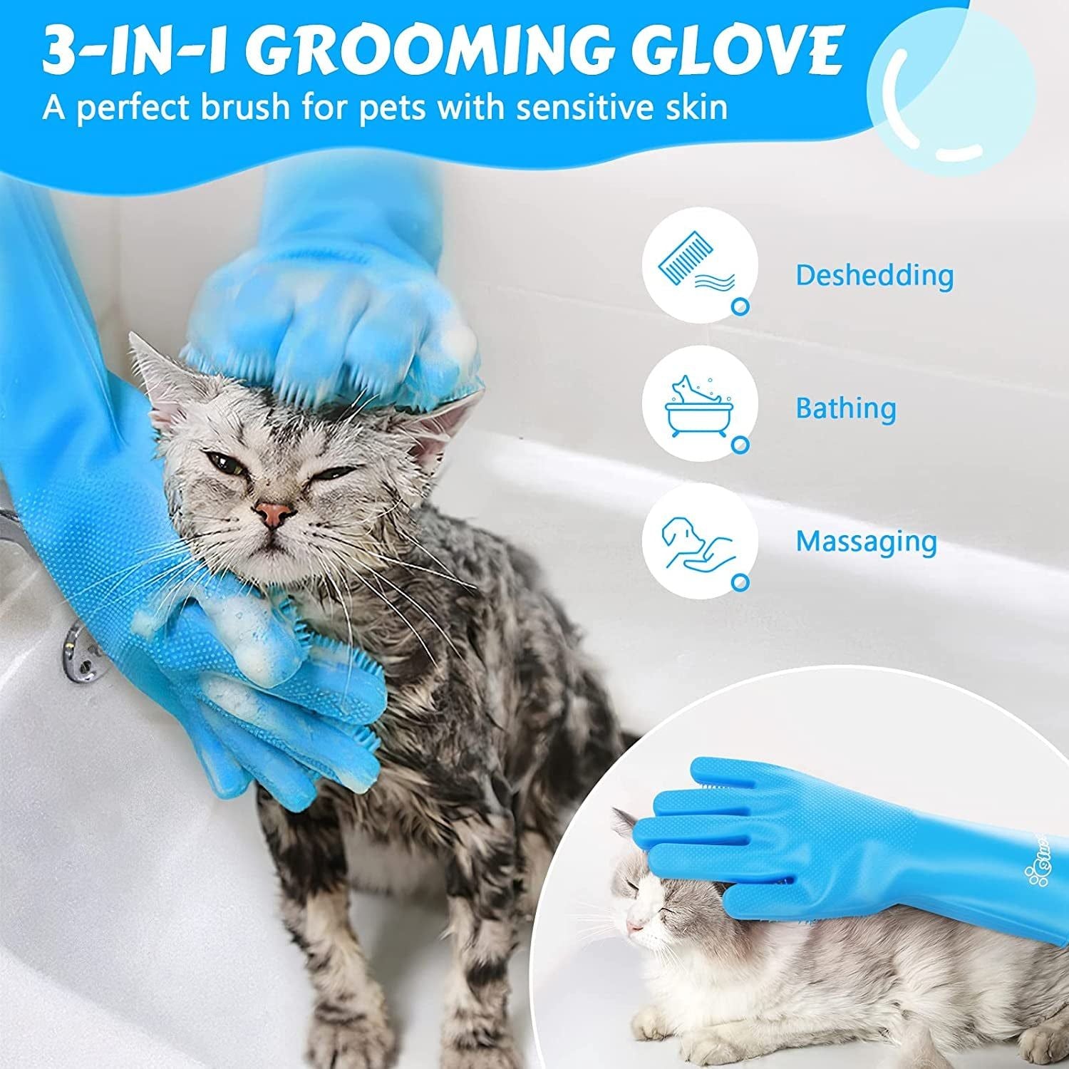 Pecute Pet Grooming Gloves, Heat Resistant Cat Bathing Gloves with High-Density Teeth, Silicone Dog Bathing Gloves with Enhanced Five Finger Design, Bathing and Massaging for Dogs and Cats Blue - HappyTails