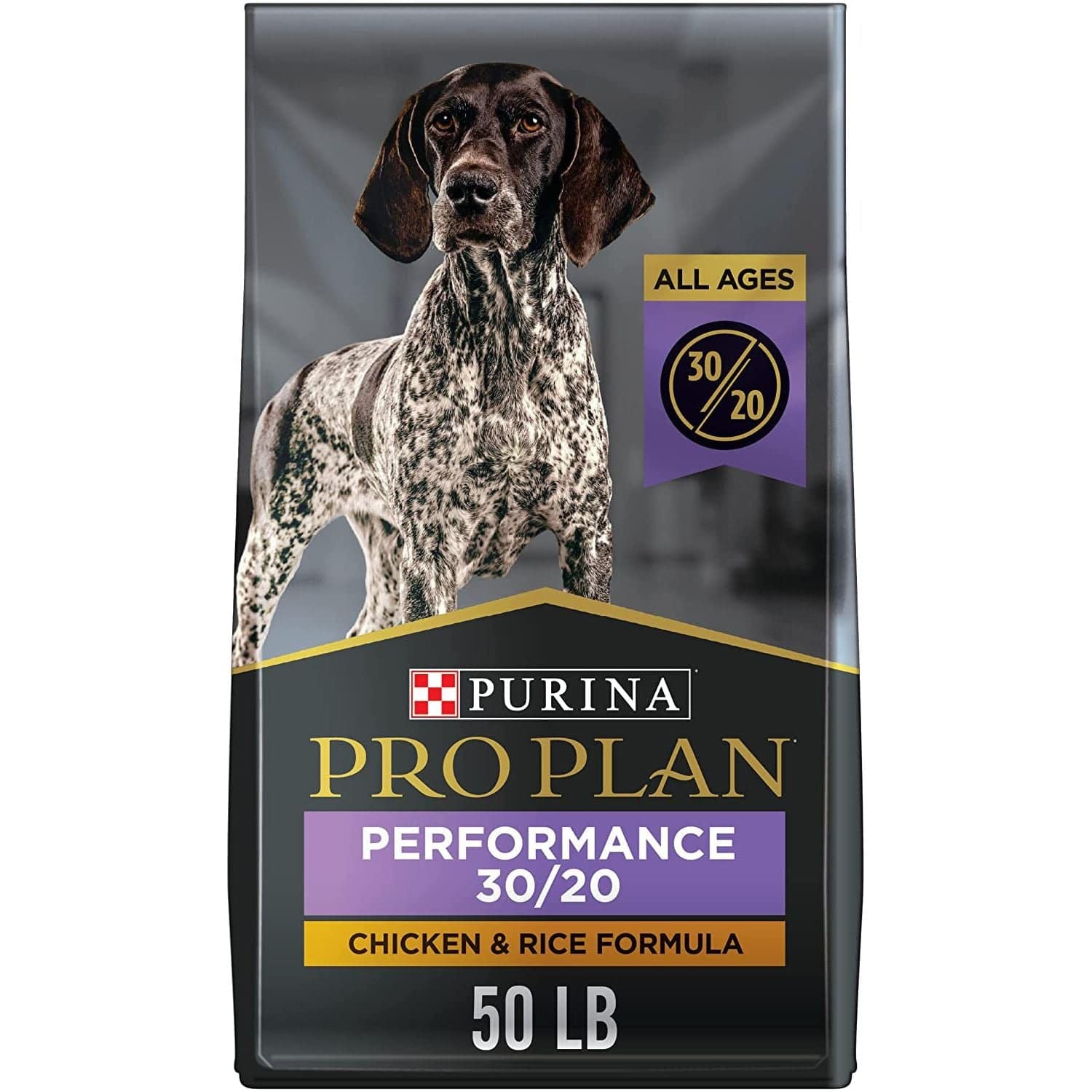 A bag of  Purina Performance 30/20 Chicken & Rice Formula dog food 50 pounds in size with a picture of a brown and white spotted dog on the front.