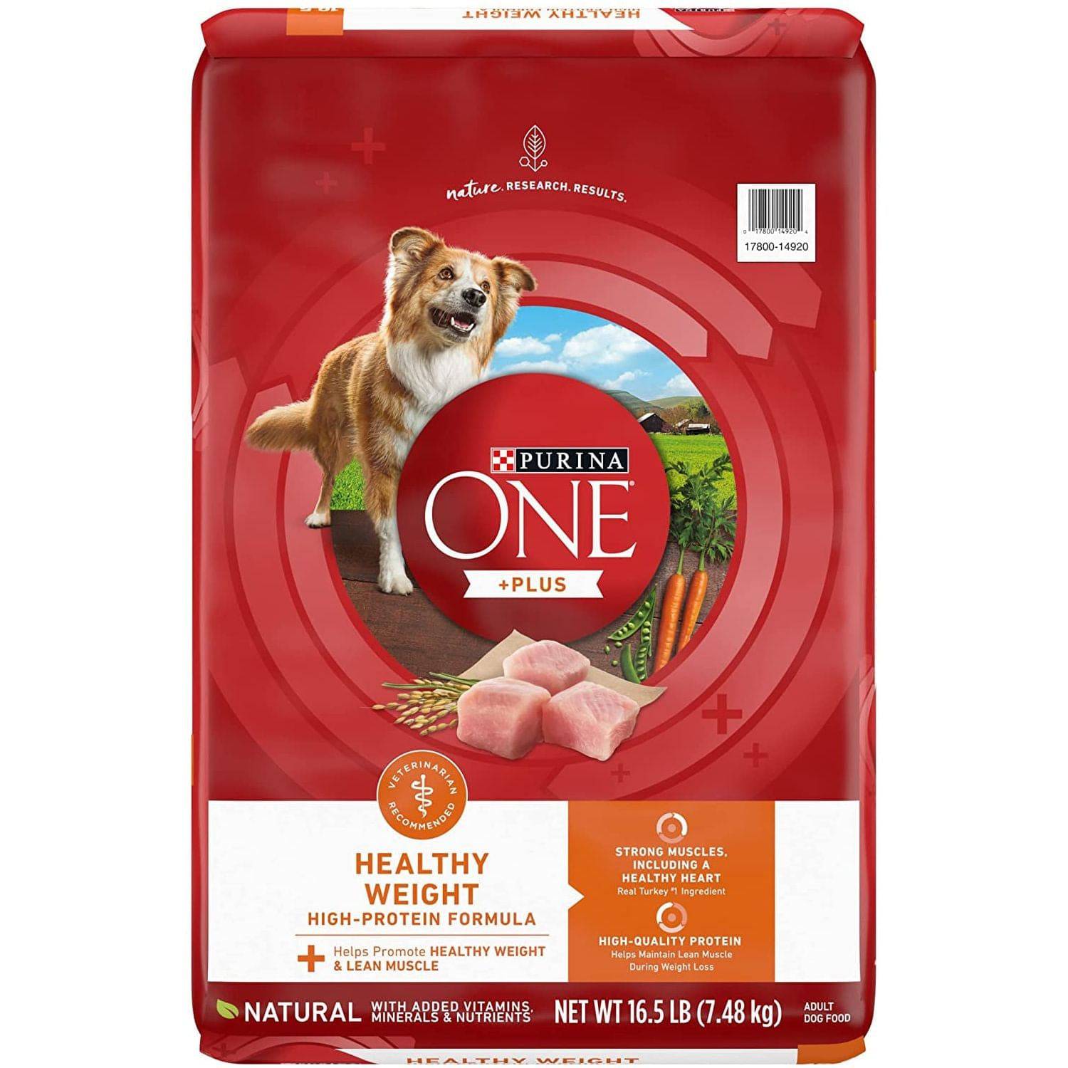 A 16.5lb red bag of Purina ONE +PLUS Healthy Weight High-Protein Formula dog food with a picture of a happy brown and white dog, raw meat, carrots, and green beans, indicating natural ingredients.