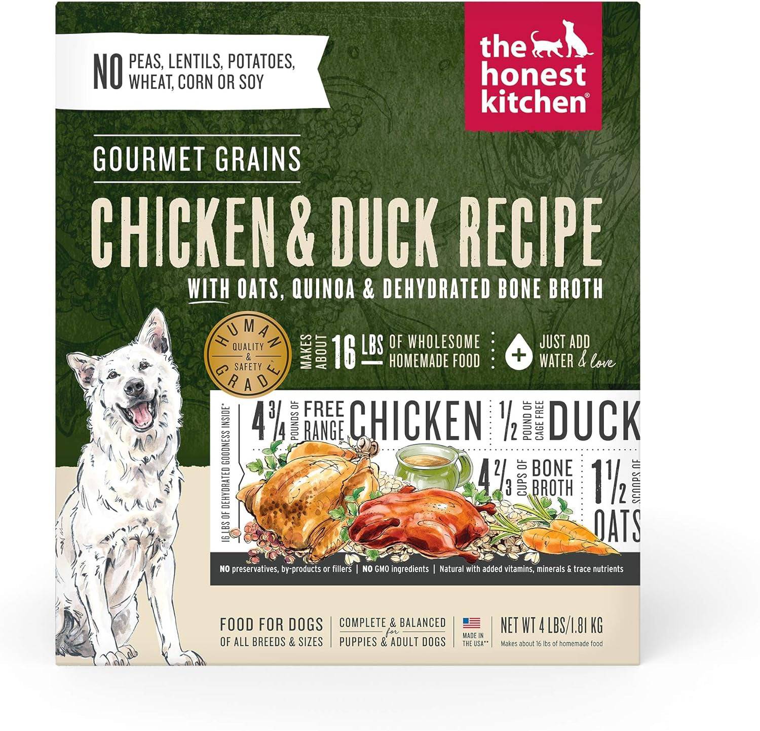 The Honest Kitchen Dog Food chicken and duck recipe front packaging that  promotes a homemade food product that includes oats, quinoa, and dehydrated bone broth.