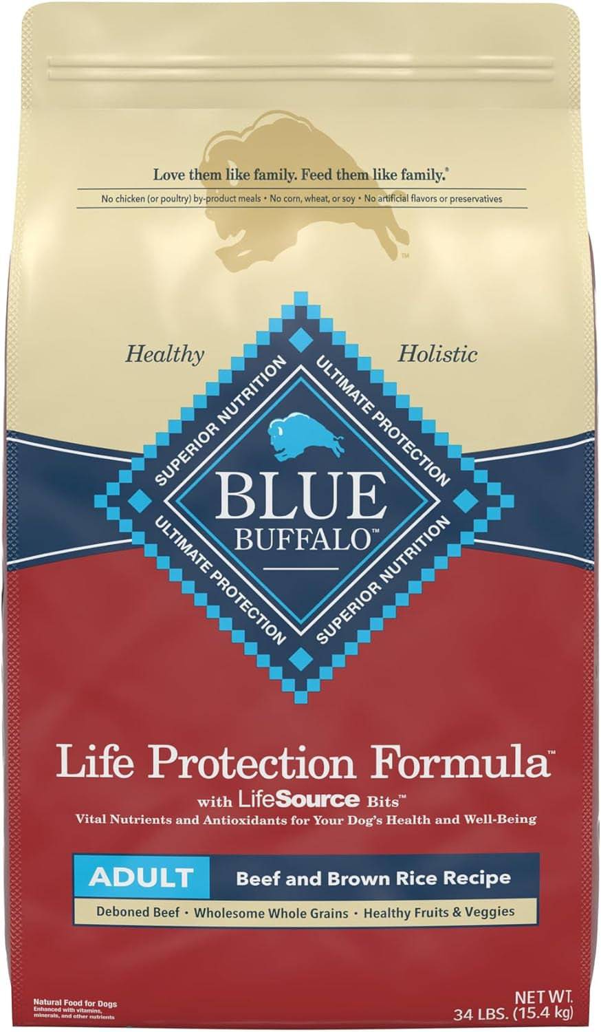 A bag of Blue Buffalo Life Protection Formula adult dog food with beef and brown rice recipe, stating no chicken or poultry by-product meals, no corn, wheat, or soy, and no artificial flavors or preservatives. The packaging also highlights the inclusion of vital nutrients and antioxidants for a dog's health and well-being. The net weight is 34 lbs (15.4 kg).