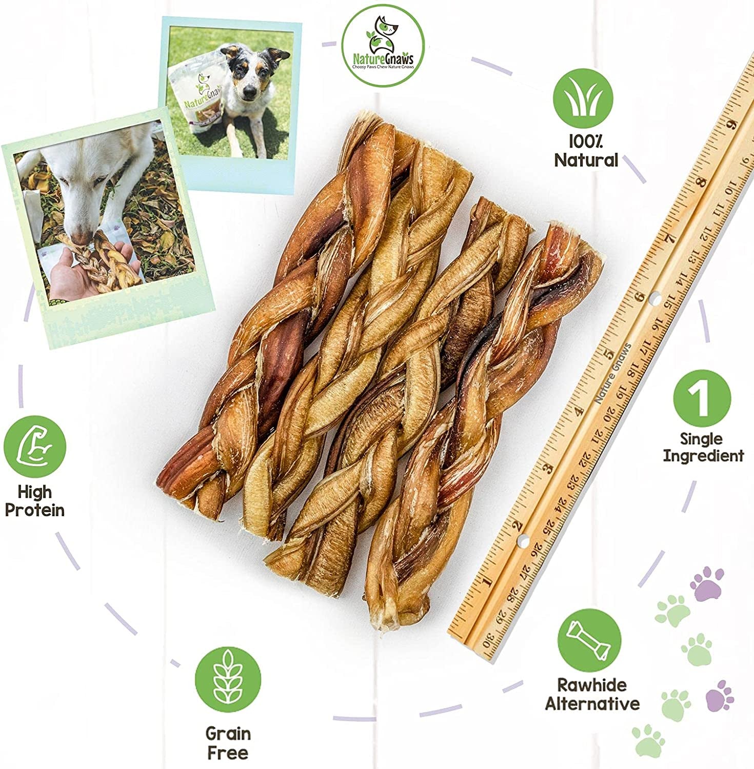 Nature Gnaws Braided Bully Sticks for Dogs - Premium Natural Beef Dental Bones - Long Lasting Dog Chew Treats for Aggressive Chewers - Rawhide Free 3 Count (Pack of 1)