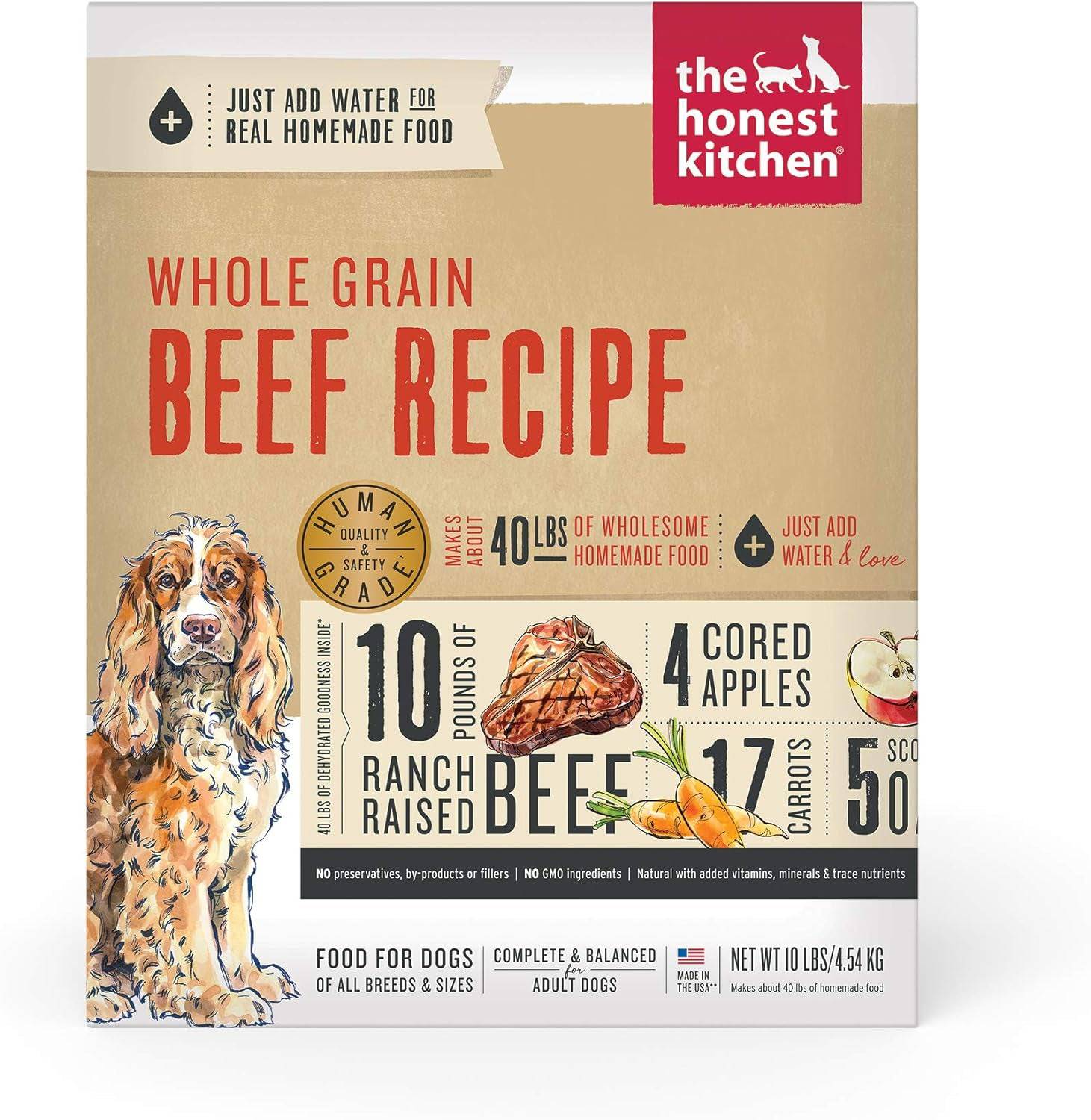 The Honest Kitchen Dog Food whole grain beef recipe front packaging.