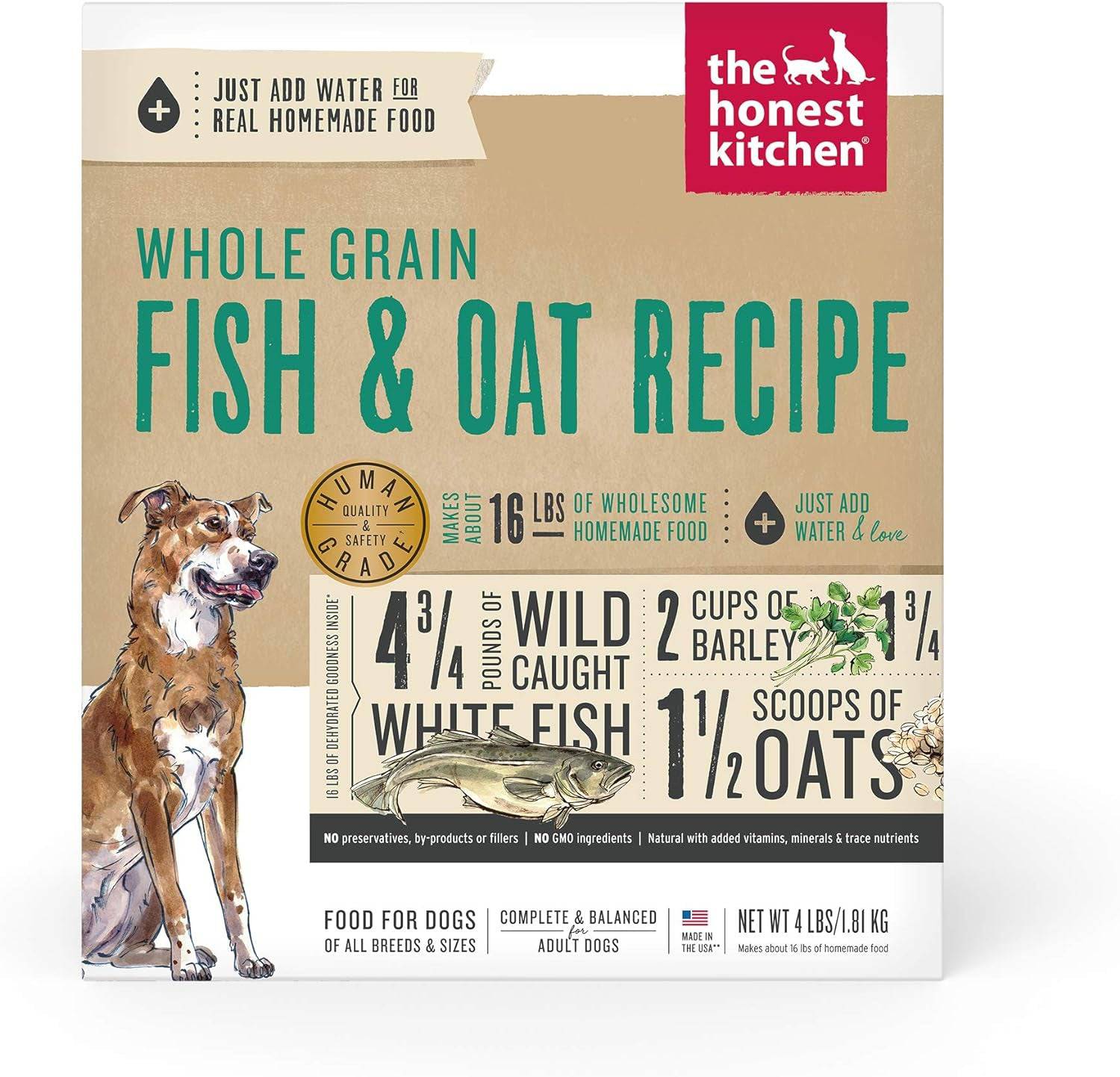 The Honest Kitchen Dog Food whole grain fish and oat recipe front packaging,4 lbs.