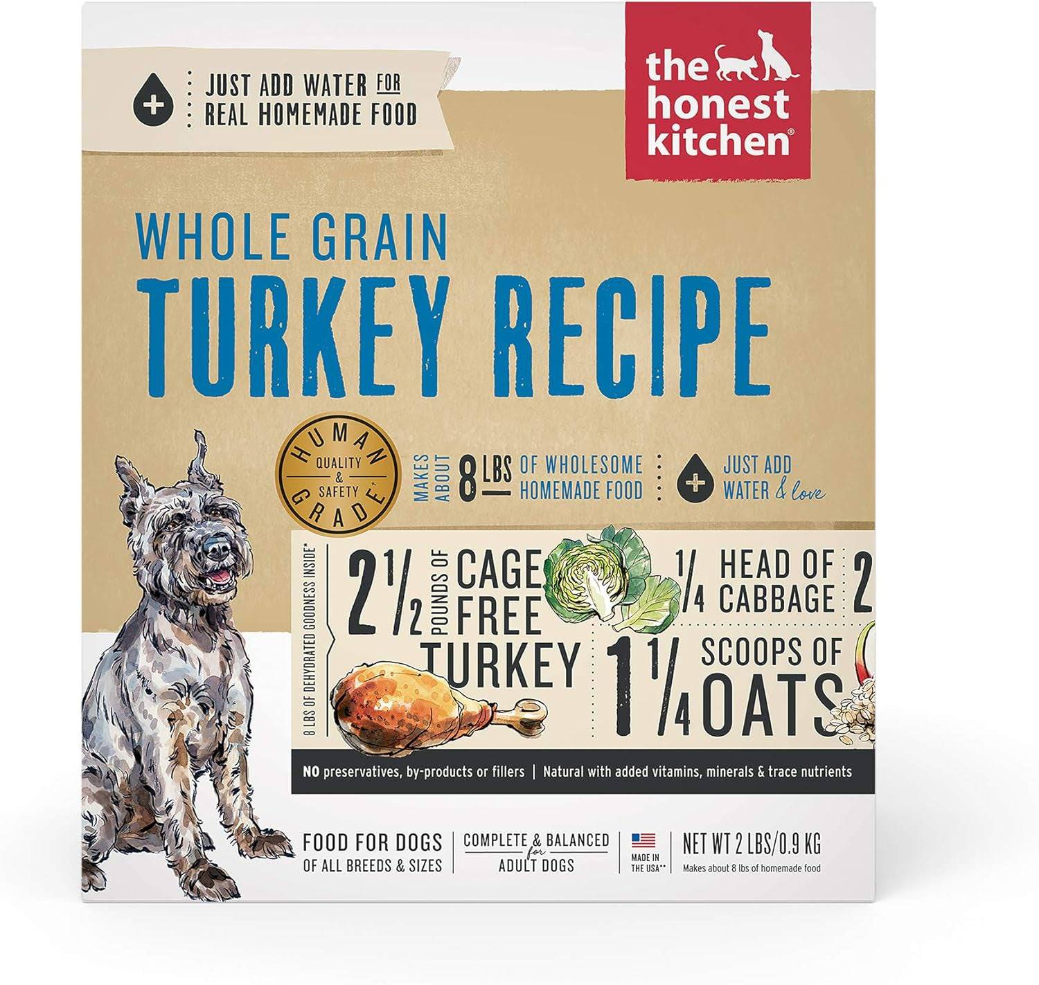 The Honest Kitchen Dog Food whole grain turkey recipe front packaging,2 lbs.