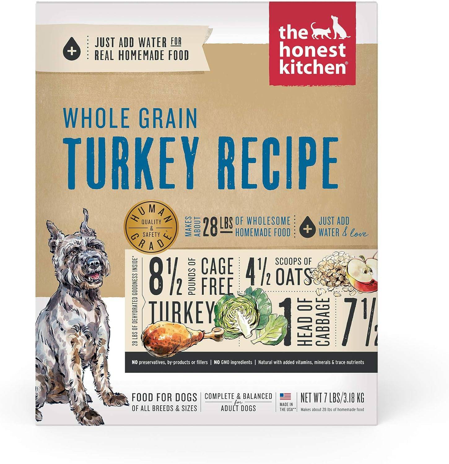 The Honest Kitchen Dog Food whole grain turkey recipe front packaging,7lbs.