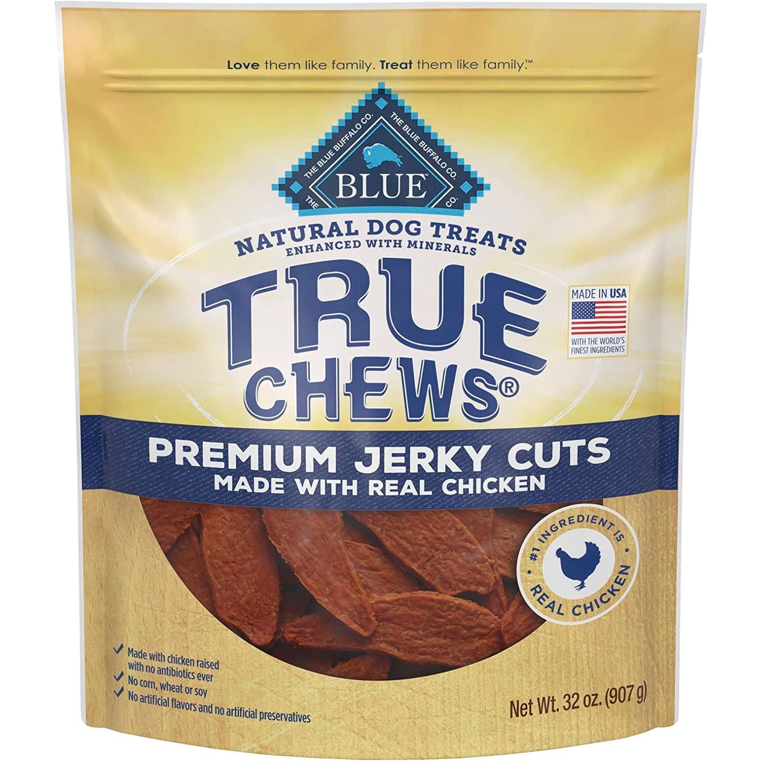 Blue Buffalo True Chews Premium Jerky Cuts Dog Treats, Made in the USA with Natural Ingredients and No Antibiotics Ever, Chicken, 4-Oz. Bag - HappyTails