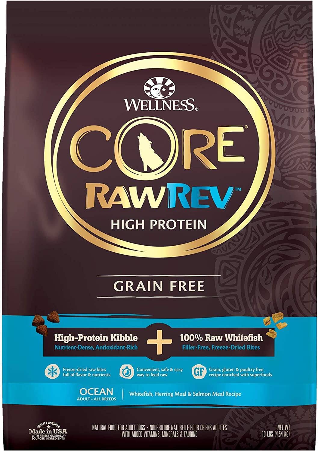 A bag of Wellness Core RawRev High Protein, Grain-Free dog food in "Ocean" flavor, featuring high-protein kibble and 100% raw whitefish freeze-dried bites. The packaging is dark brown with gold and teal accents, and includes the brand logo, product name, and images of the kibble and raw bites. It is made in the USA and weighs 10 lbs.