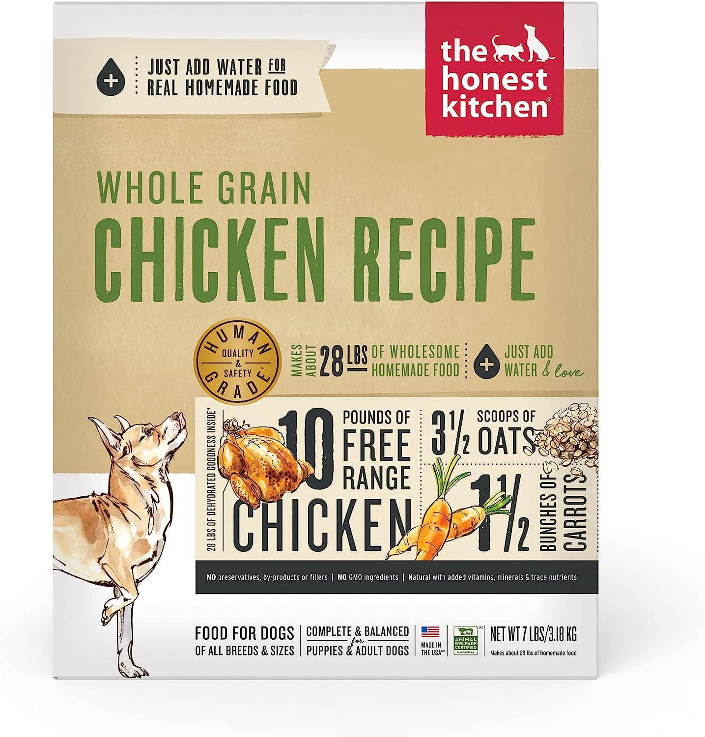 The Honest Kitchen Dog Food whole grain chicken recipe front packaging,7 lbs.