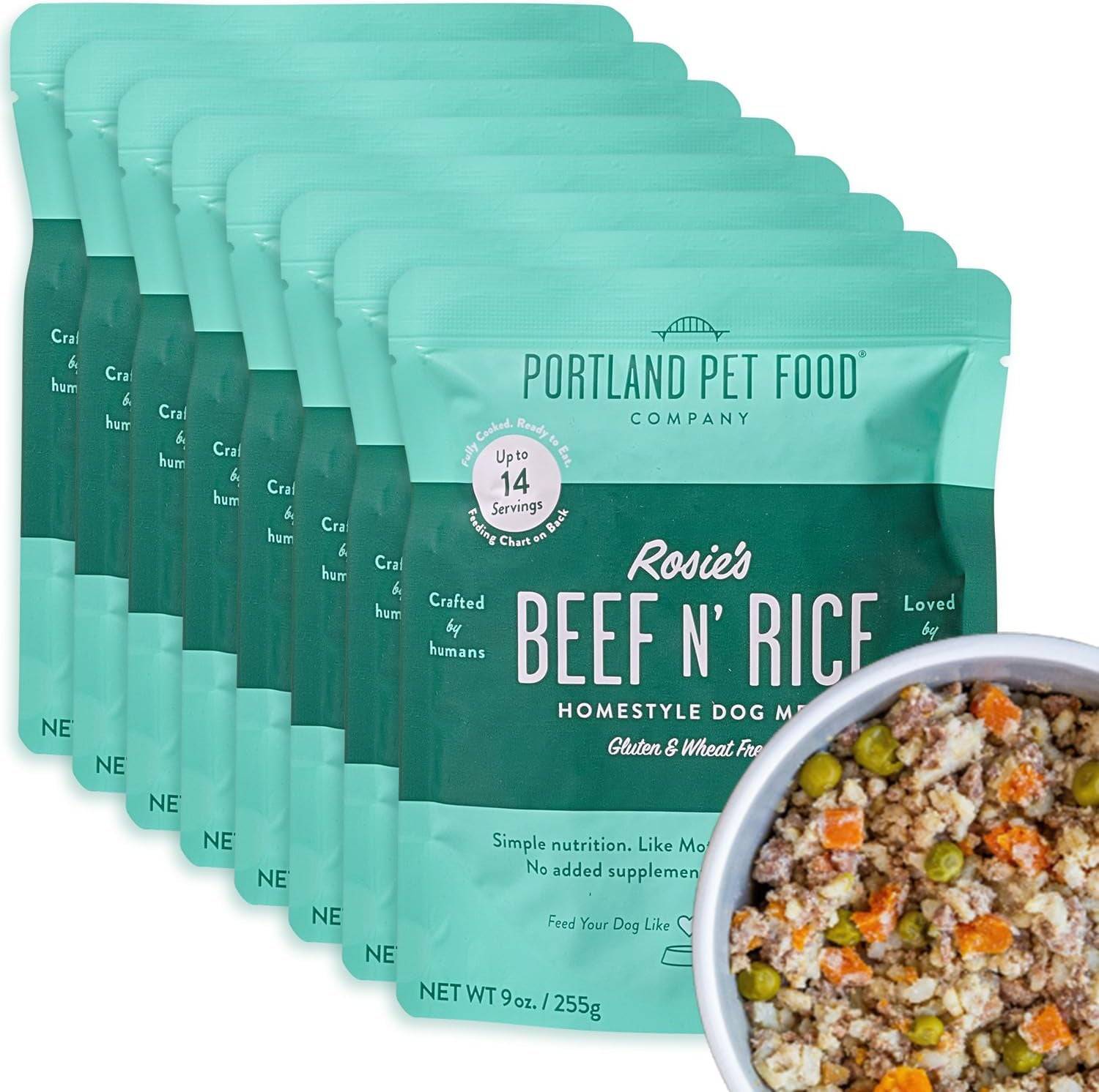 Front packaging of Portland Pet Food in multiple individual packs, featuring vibrant labels showcasing the wholesome ingredients within.