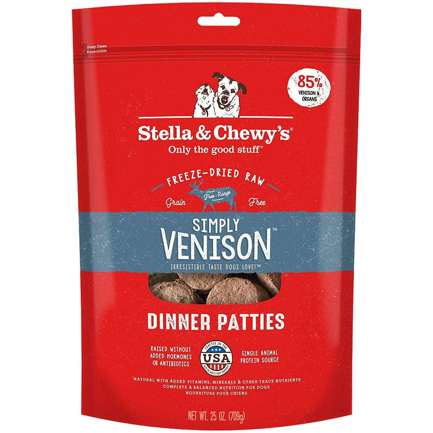 A red package of Stella & Chewy's Simply Venison Dinner Patties for dogs, featuring freeze-dried raw grain-free ingredients and 85% venison and organs. It is raised without added hormones or antibiotics and is a single animal protein source. The package has a net weight of 25 oz. (709g) and is made in the USA with added vitamins, minerals, and other trace nutrients.