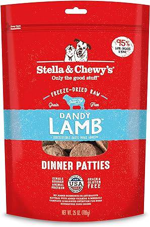 Stella & Chewy's Dandy Lamb Dinner Patties for dogs, freeze-dried raw, grain-free, 95% lamb, organs, and bone. Net wt 5.5 oz (156g) bag.