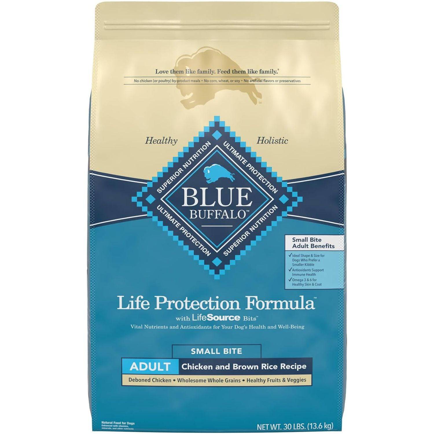 A bag of Blue Buffalo Life Protection Formula Small Bite Adult Chicken and Brown Rice Recipe dog food.