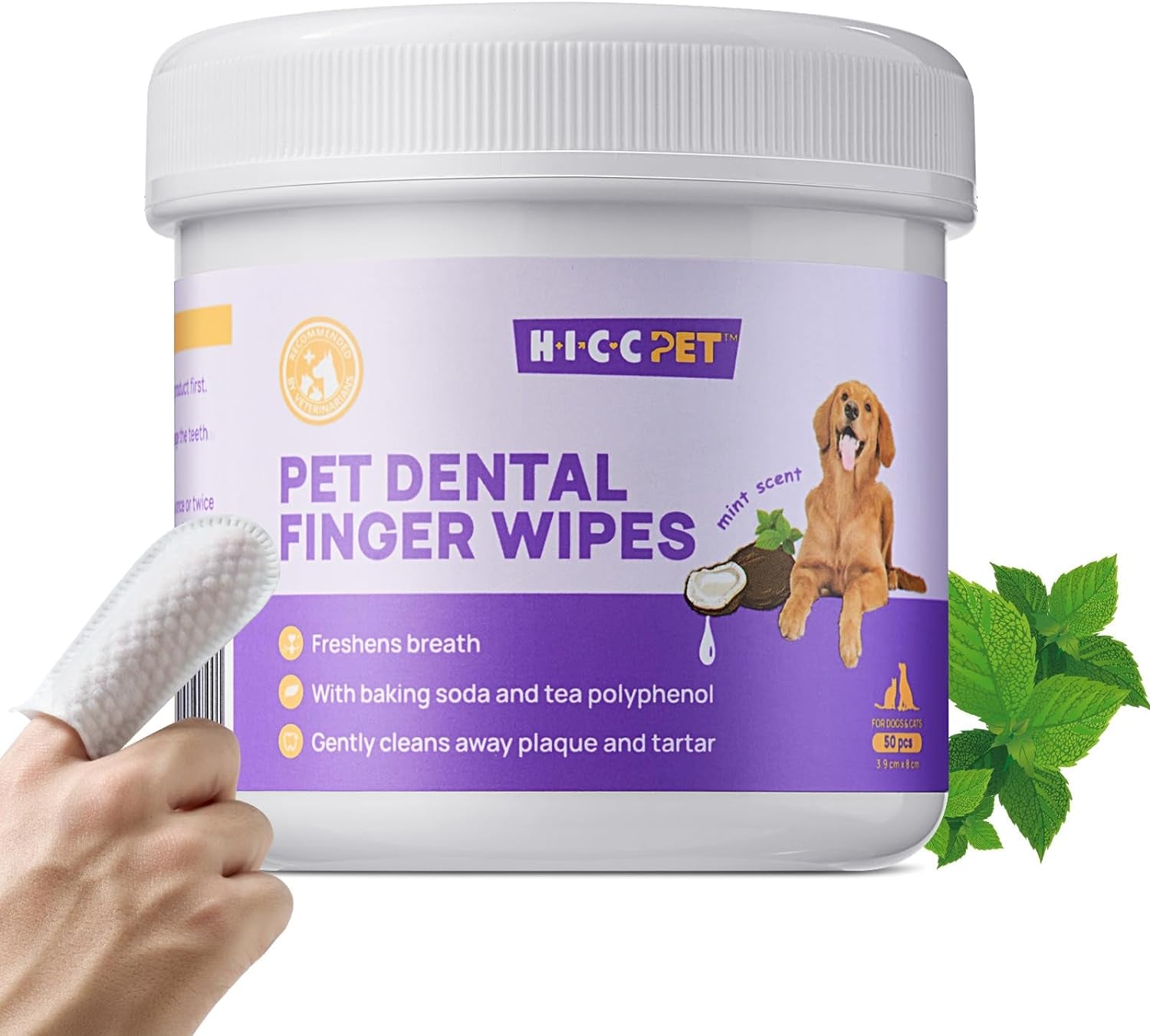 Teeth Cleaning Wipes for Dogs & Cats, Remove Bad Breath by Removing Plaque and Tartar Buildup No-Rinse Dog Finger Toothbrush, Disposable Gentle Cleaning & Gum Care Pet Wipes, 50 Counts